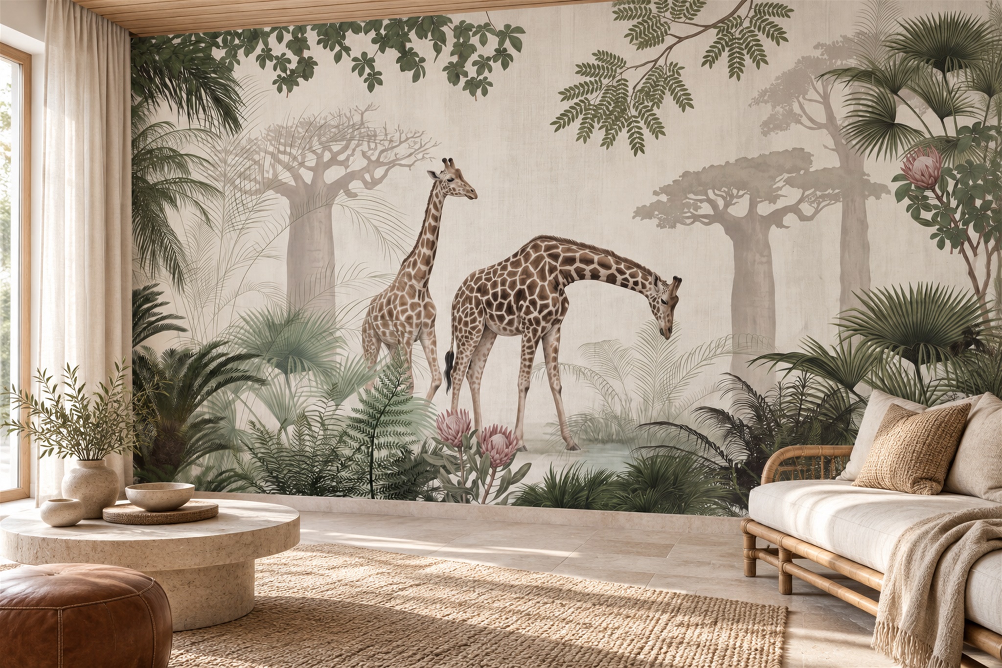 Giraffes Among Palms And Ferns Wallpaper Mural — Wallpaper Mural Design, Peel-and-stick Finish