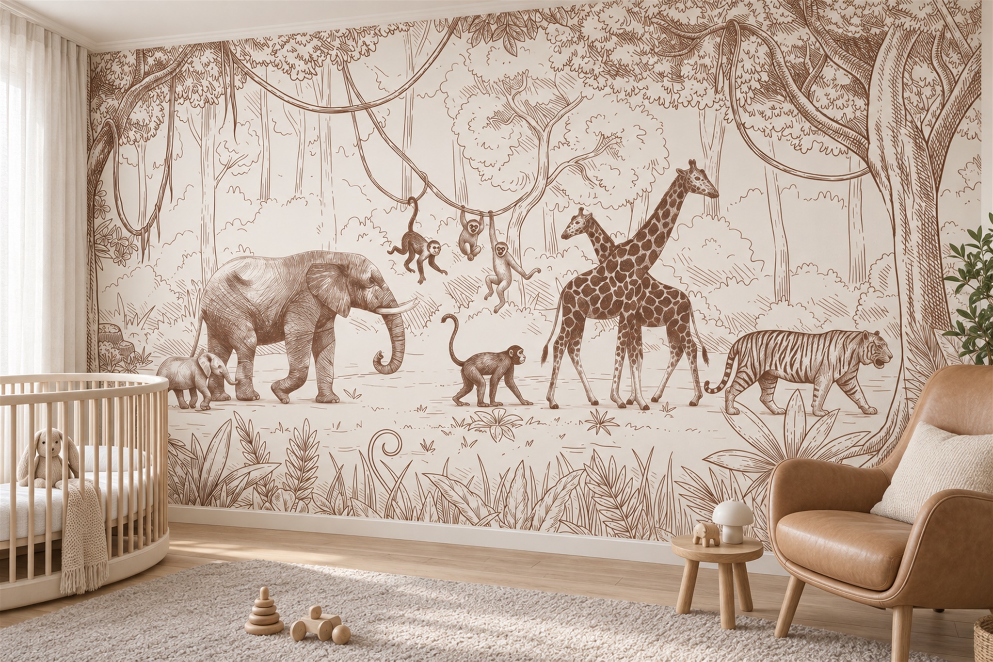 Sepia Safari Animal Toile Wallpaper Mural — Installed Wallpaper Mural In A Nursery, Peel-and-stick Finish