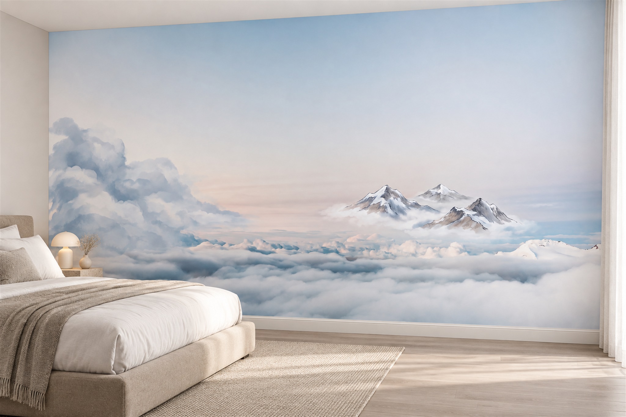 Snowy Peaks Above A Sea Of Clouds Wallpaper Mural — Installed Wallpaper Mural In A Bedroom, Peel-and-stick Finish