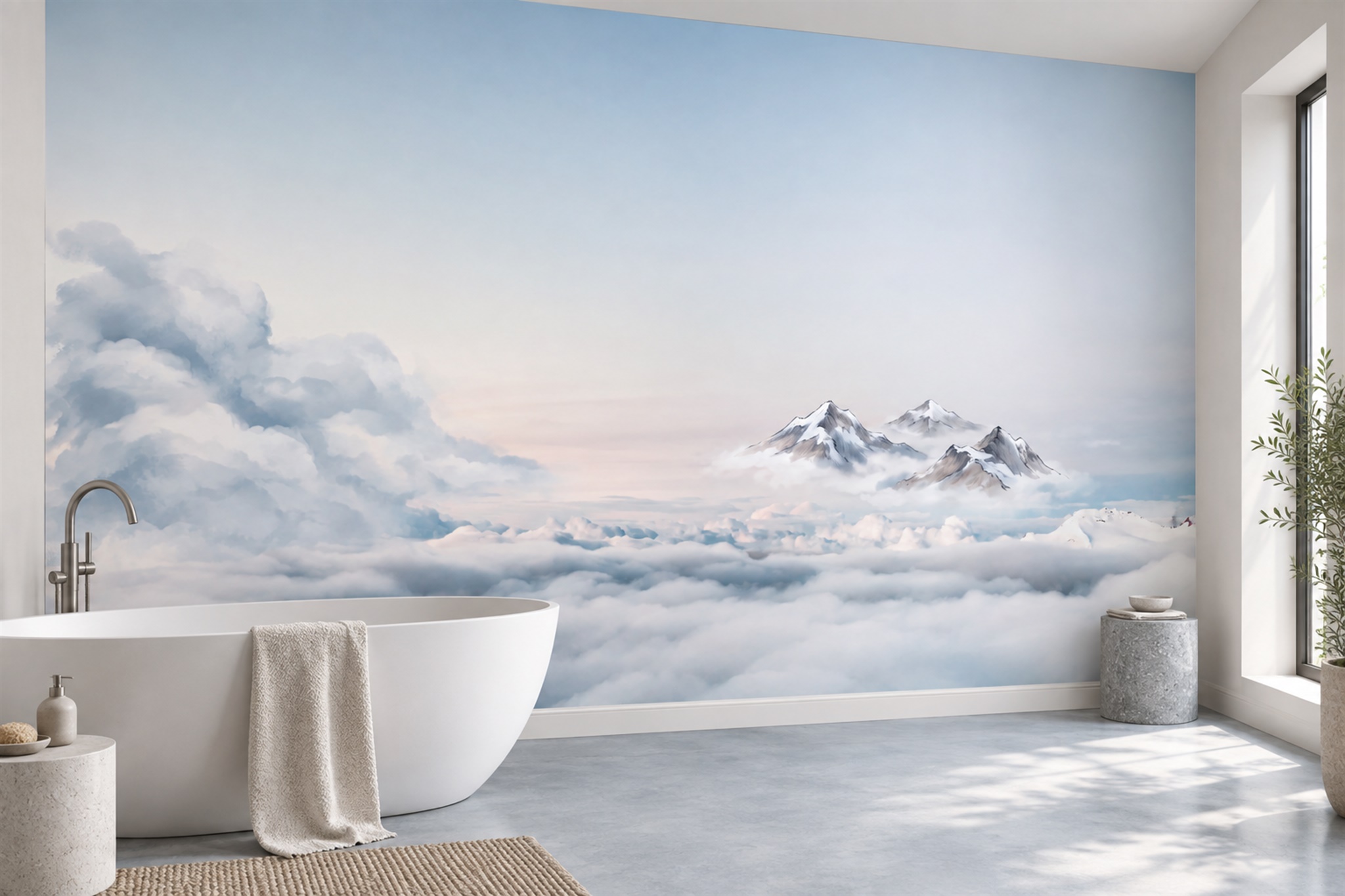 Blue Clouds Artful Wallpaper Mural Layered Bathroom-wallpaper-murals, Peel-and-stick Finish