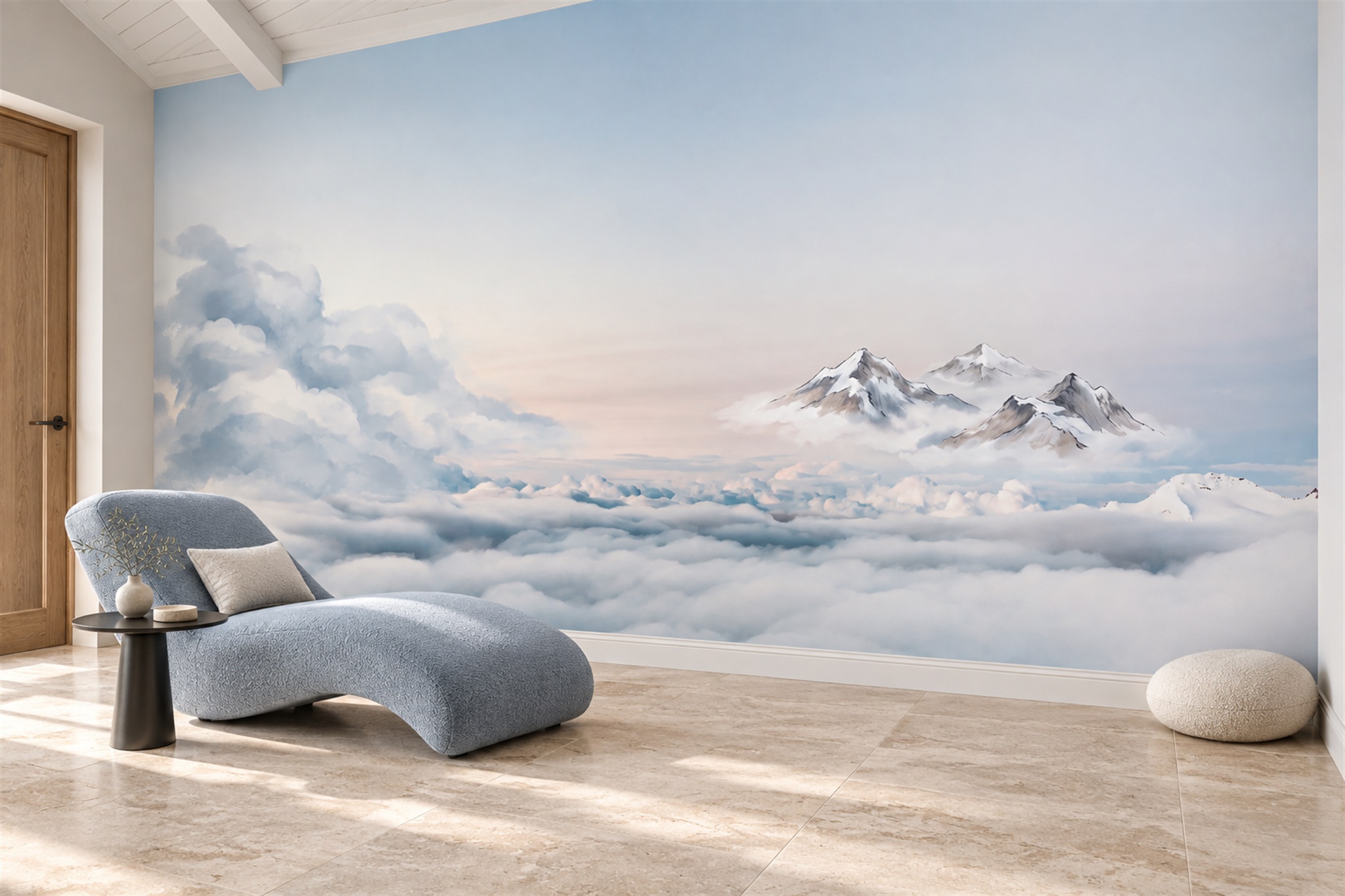 Blue mountain mural shown beside a door and behind a chaise in a sitting room