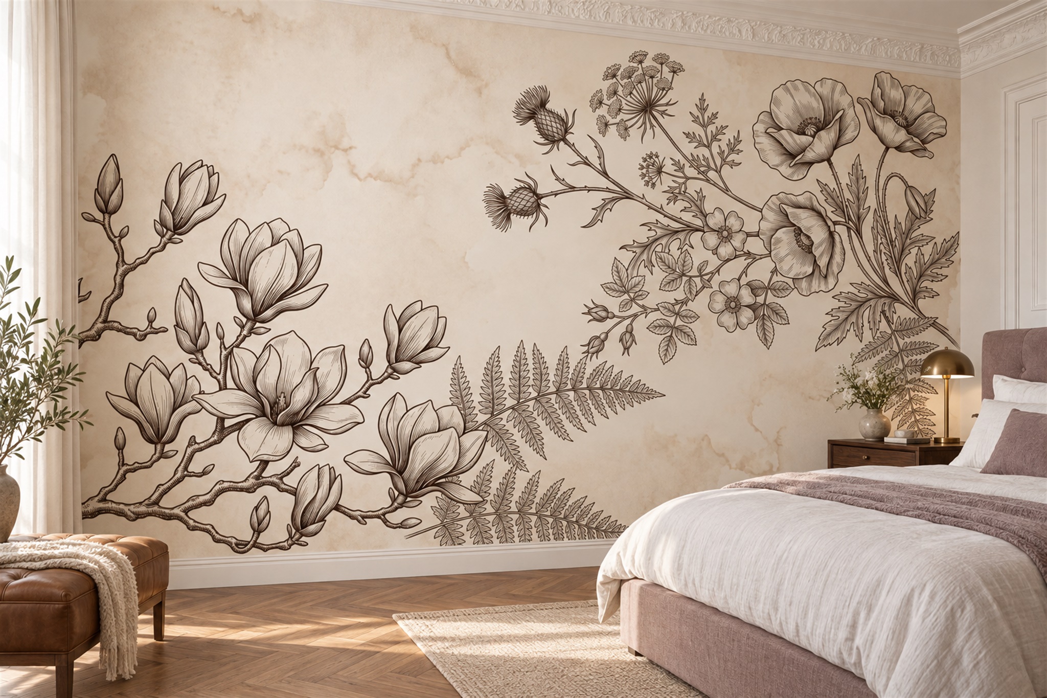 Beige Botanical Botanical Abstract Wallpaper Mural Bedroom-wallpaper-murals, Peel-and-stick Finish