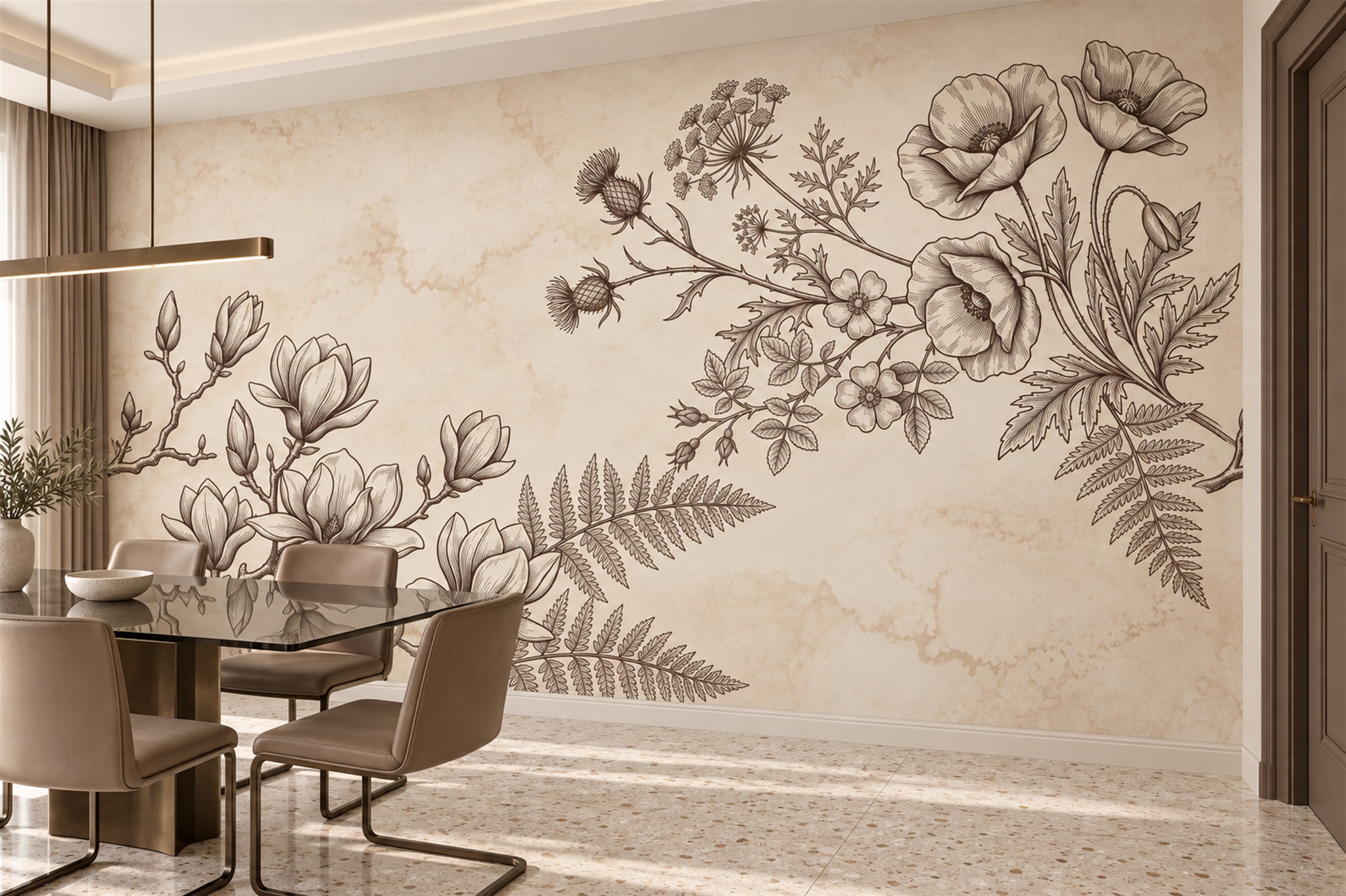 Beige Botanical Botanical Abstract Wallpaper Mural Dining-room-wallpaper-murals, Shown In A Dining Room, Peel-and-stick Finish