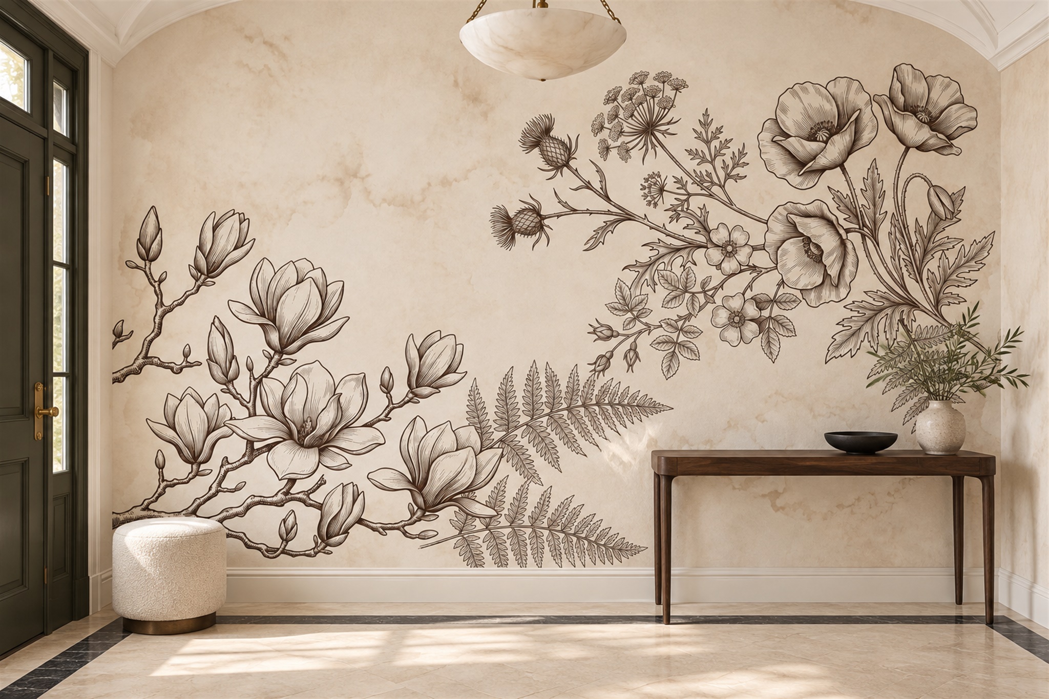 Beige Botanical Botanical Abstract Wallpaper Mural Bedroom-wallpaper-murals, Peel-and-stick Finish