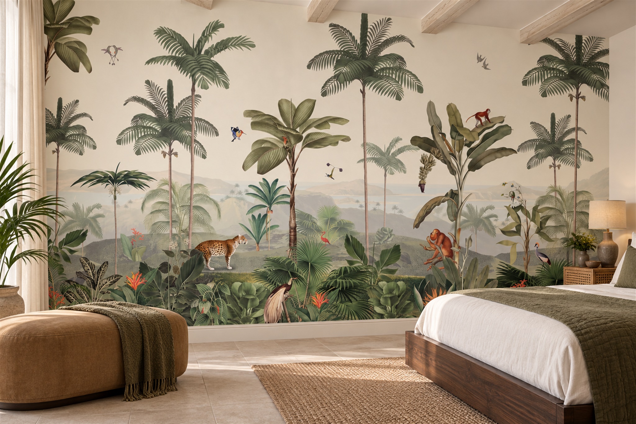 Sage Tropical Artful Organic Wallpaper Mural Bedroom-wallpaper-murals, Peel-and-stick Finish
