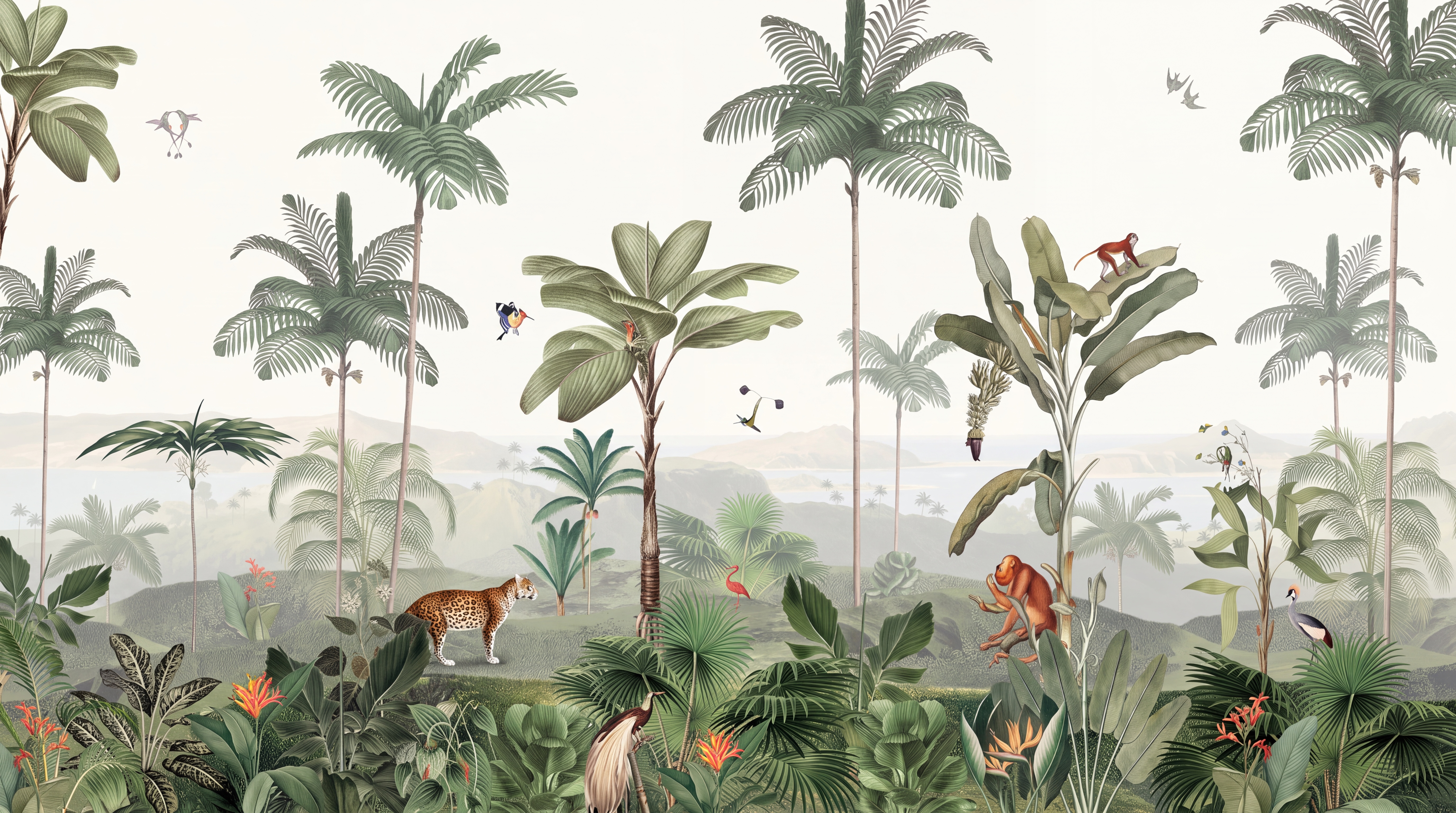 Sage Tropical Artful Organic Wallpaper Mural, Peel-and-stick Finish