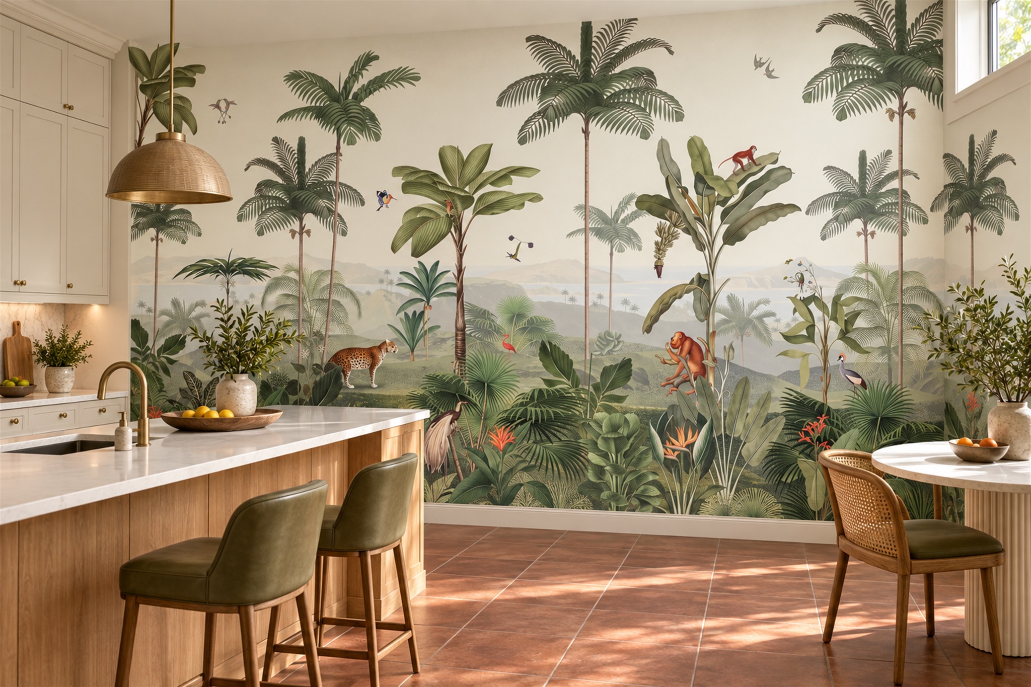 Tropical Palms And Jungle Wildlife Wallpaper Mural — Wallpaper Mural Design, Peel-and-stick Finish