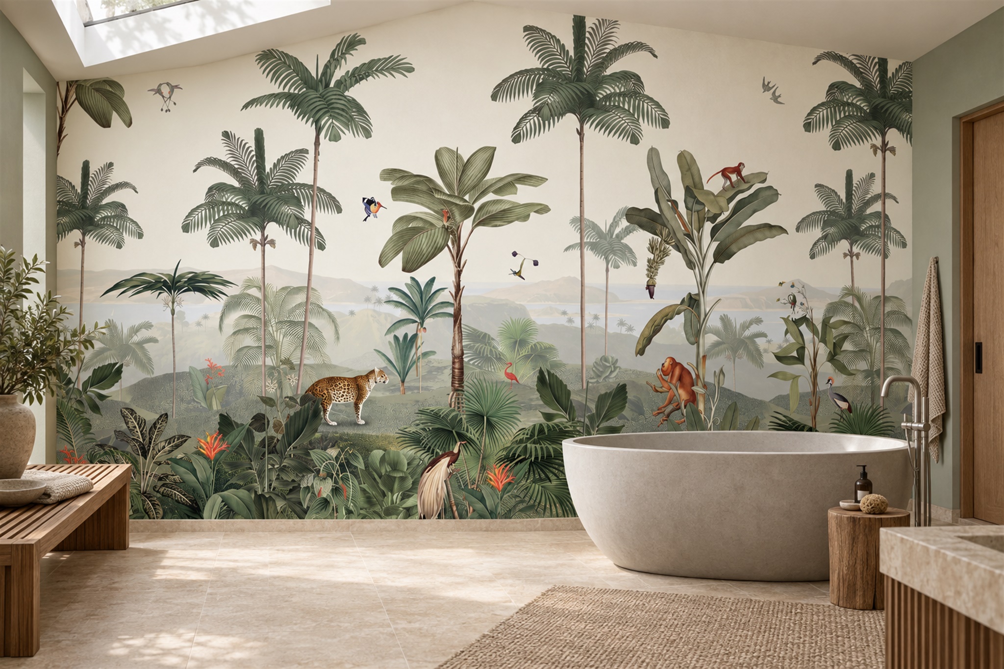 Sage Tropical Artful Organic Wallpaper Mural Bathroom-wallpaper-murals, Peel-and-stick Finish