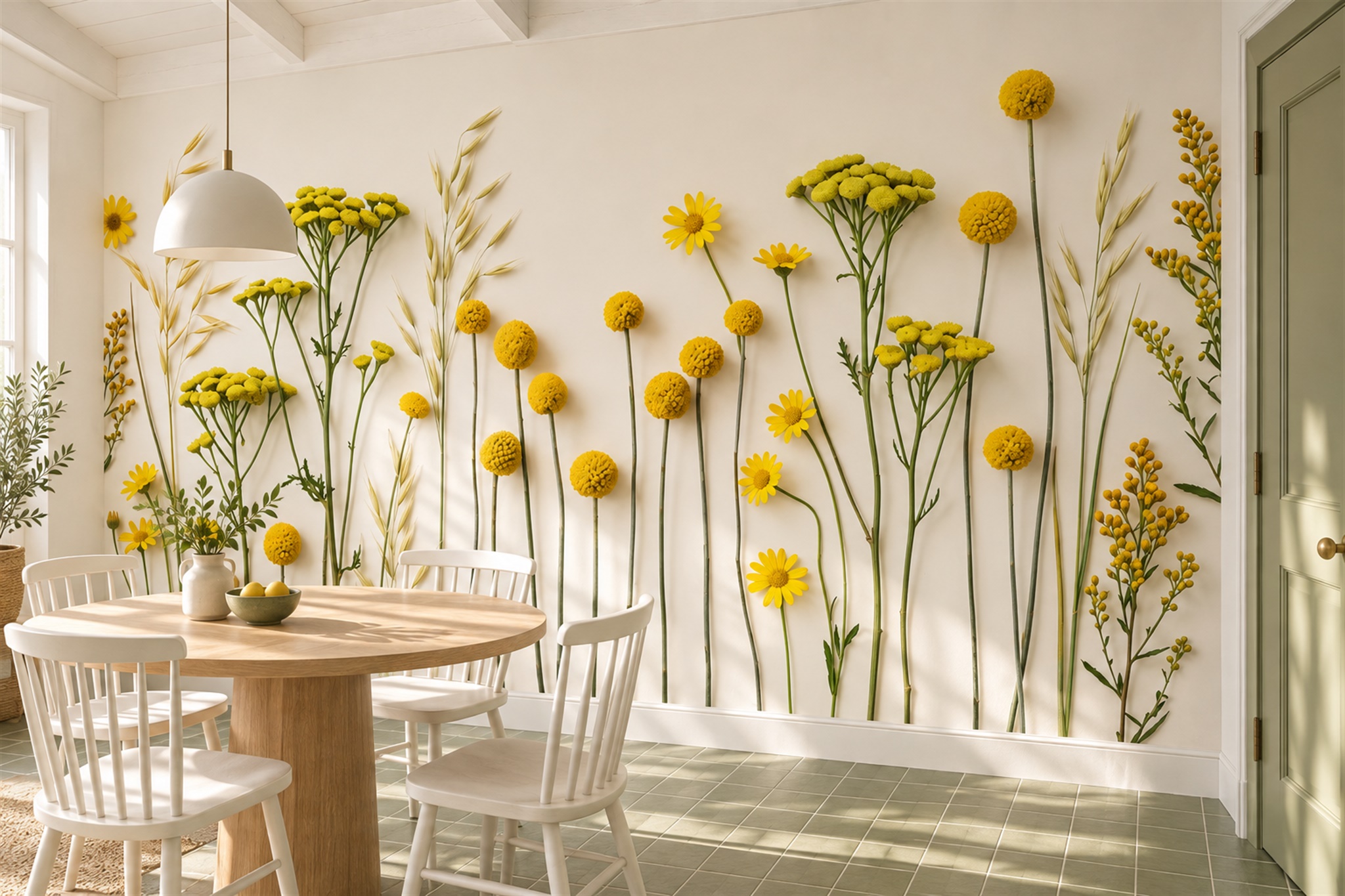 Yellow Botanical Botanical Wallpaper Mural Dining-room-wallpaper-murals, Shown In A Dining Room, Peel-and-stick Finish