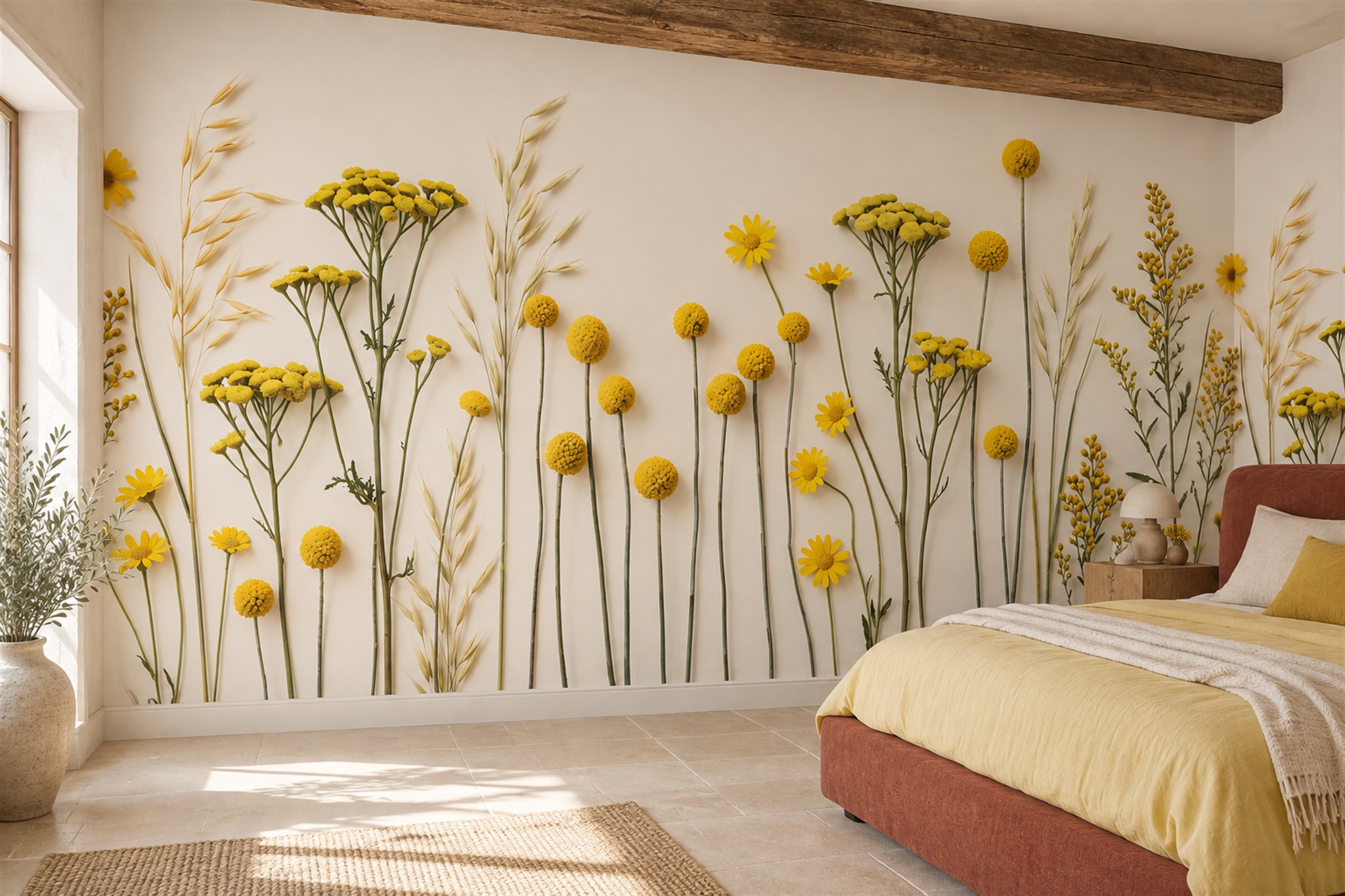 Yellow Botanical Botanical Wallpaper Mural Bedroom-wallpaper-murals, Peel-and-stick Finish
