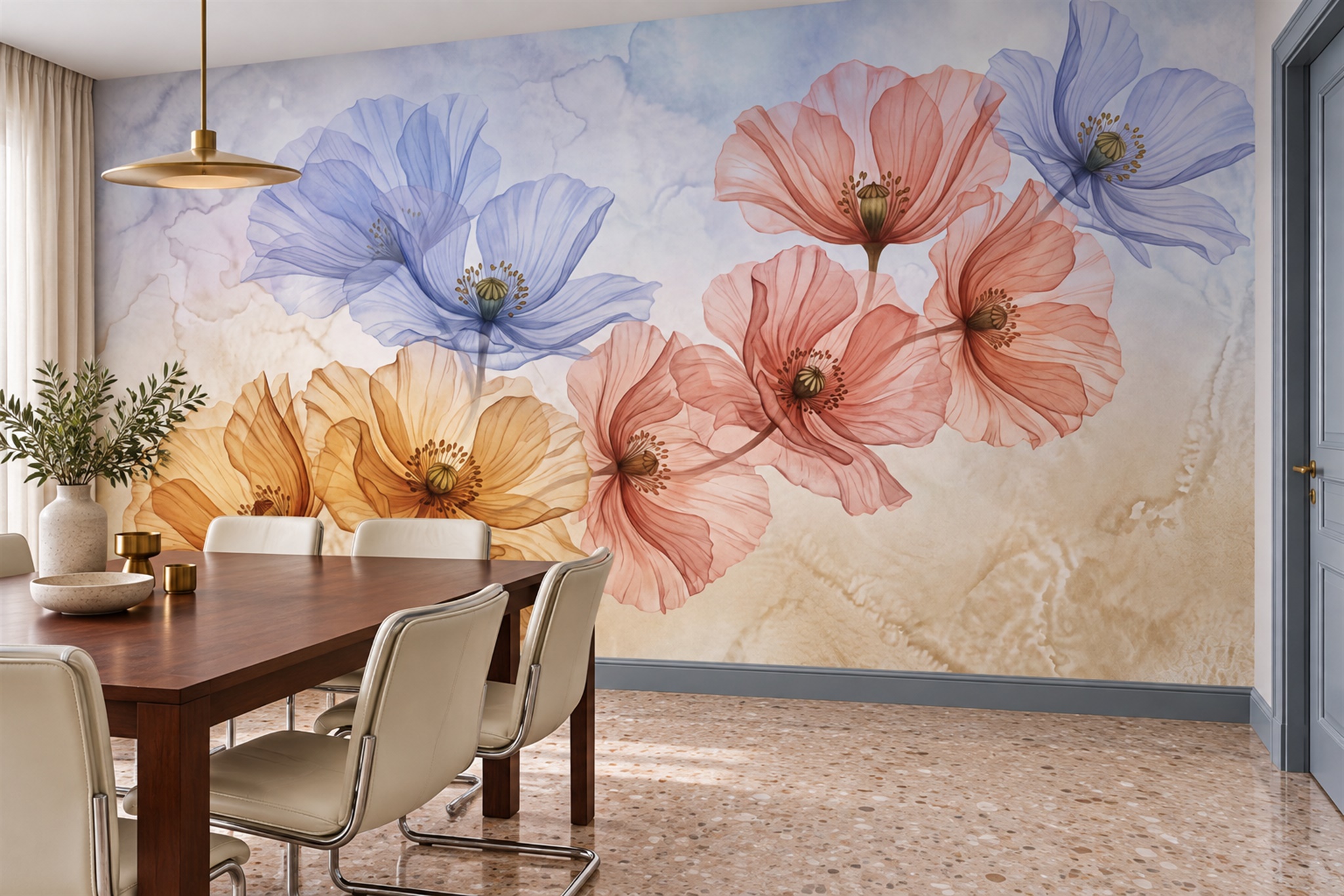 Peach Pattern Decorative Wallpaper Mural Layered Abstract Wallpaper Dining-room-wallpaper-murals, Shown In A Dining Room, Peel-and-stick Finish