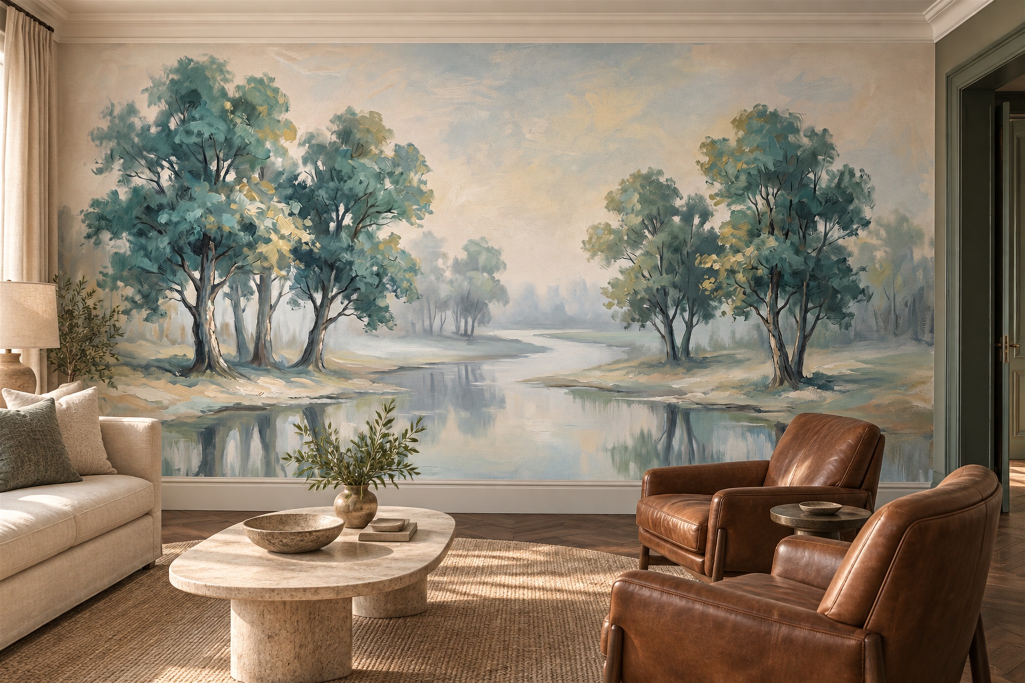 Sage River Scenic Organic Wallpaper Mural Living-room-wallpaper-murals, Shown In A Living Room, Peel-and-stick Finish