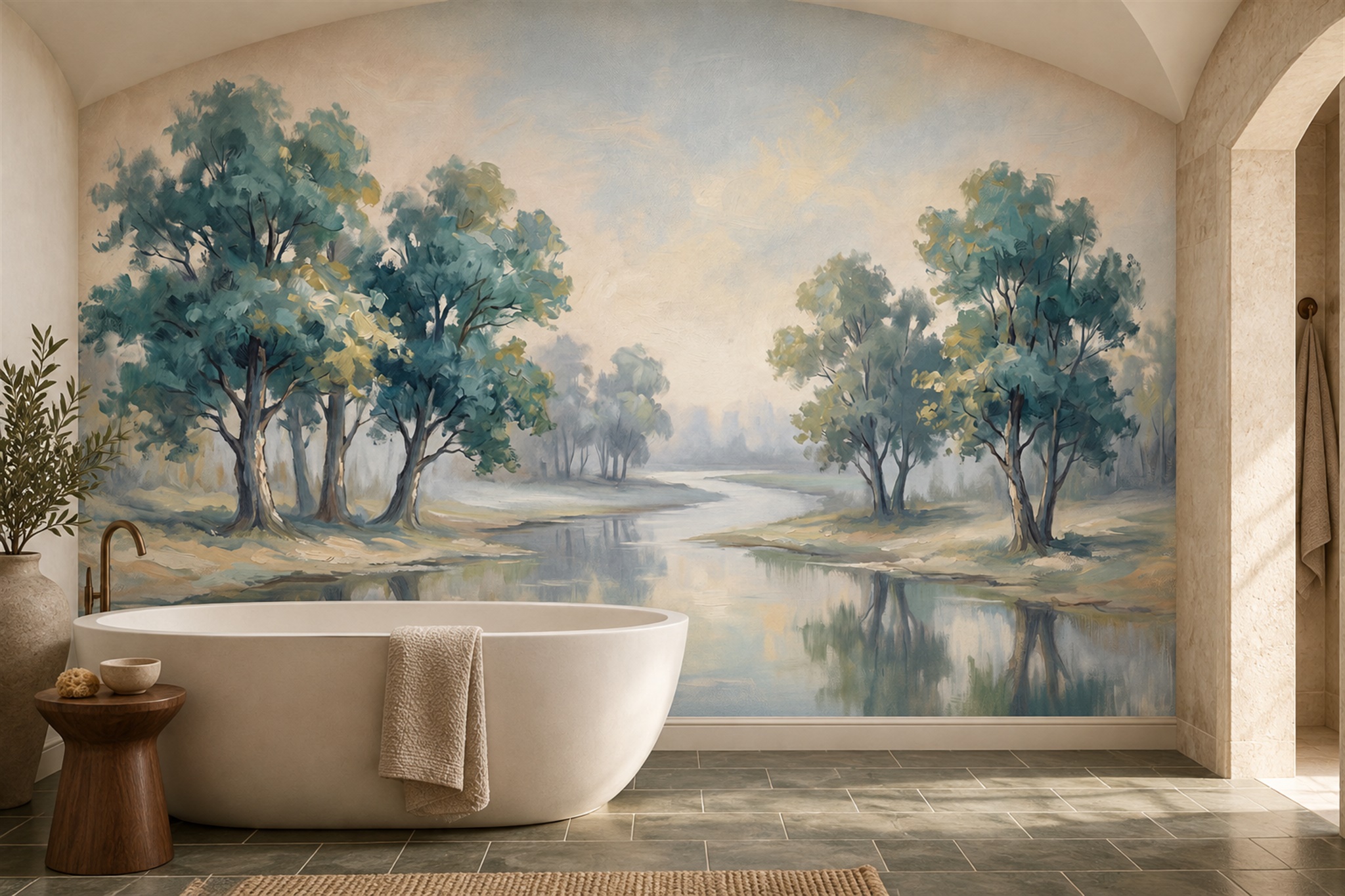 Sage River Scenic Organic Wallpaper Mural Bathroom-wallpaper-murals, Peel-and-stick Finish