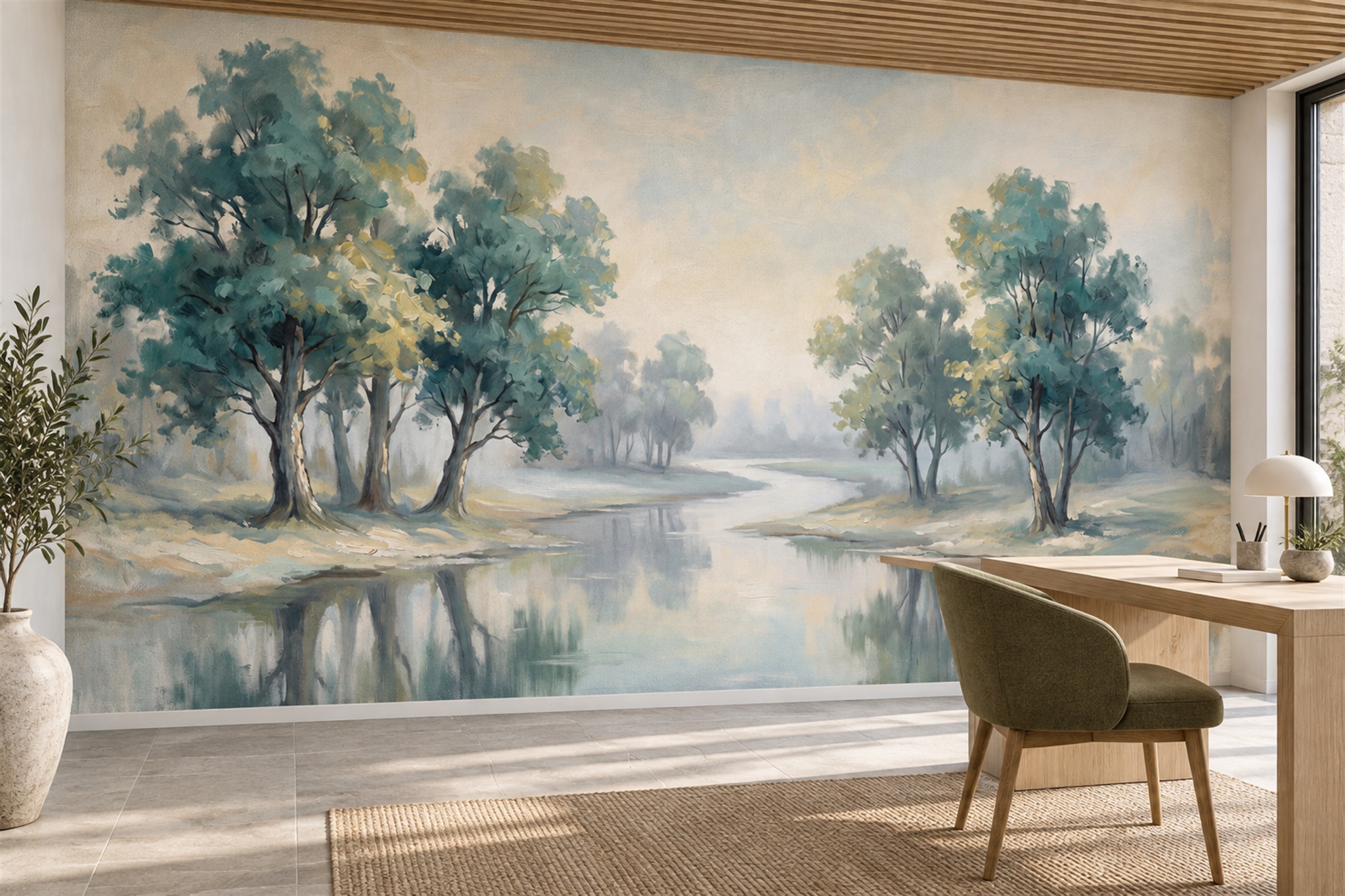 Misty River Through A Quiet Woodland Wallpaper Mural — Wallpaper Mural Design, Peel-and-stick Finish