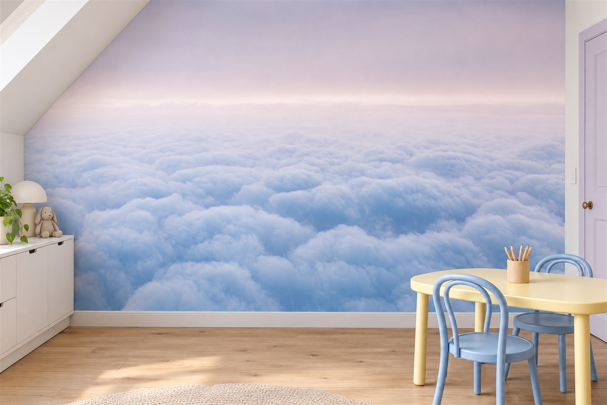 Blue Clouds Artful Wallpaper Mural Layered Abstract Wallpaper Mural Accent-wall-wallpaper-murals, Peel-and-stick Finish