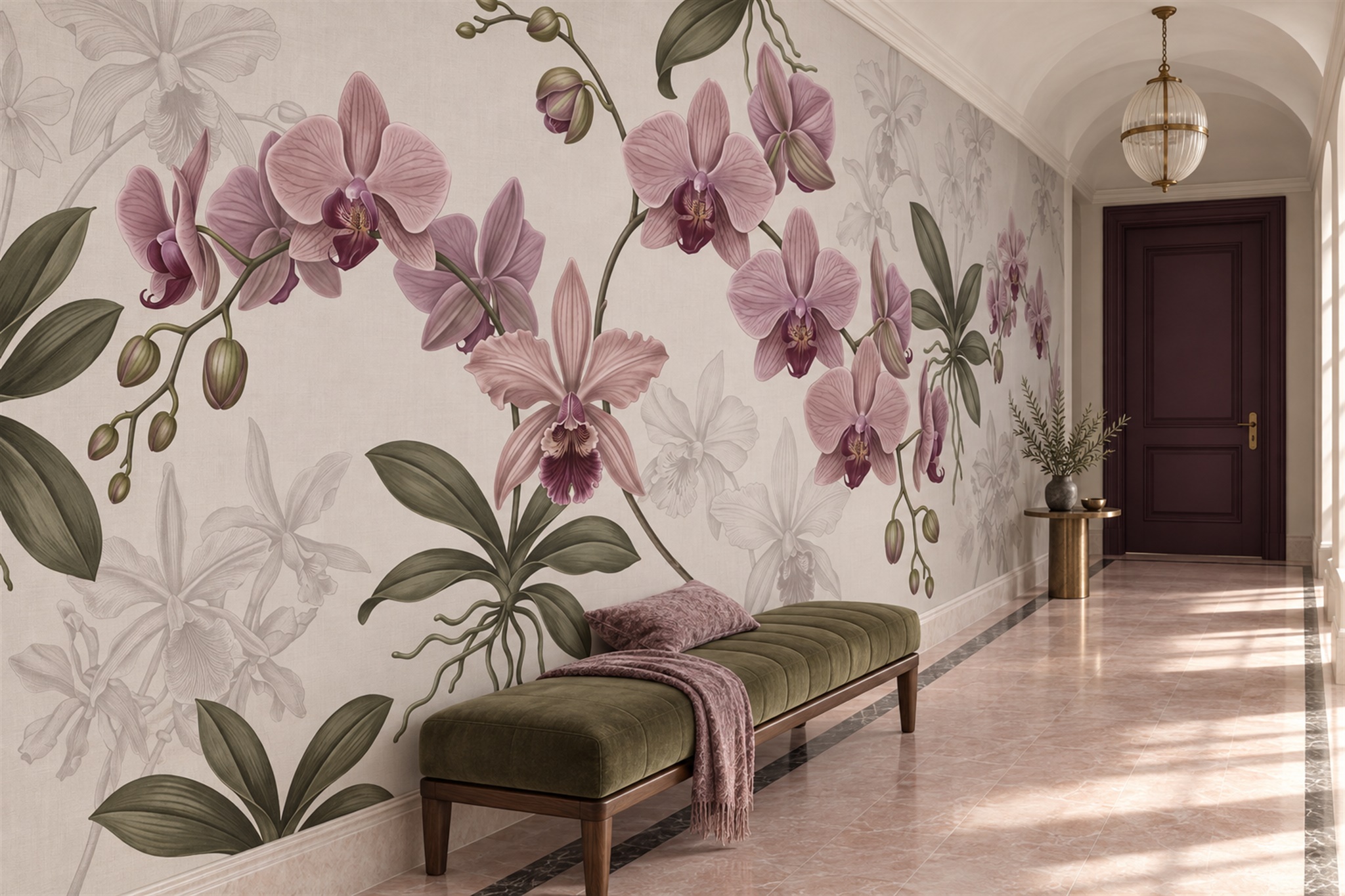 Large pink orchids across a hallway mural wall