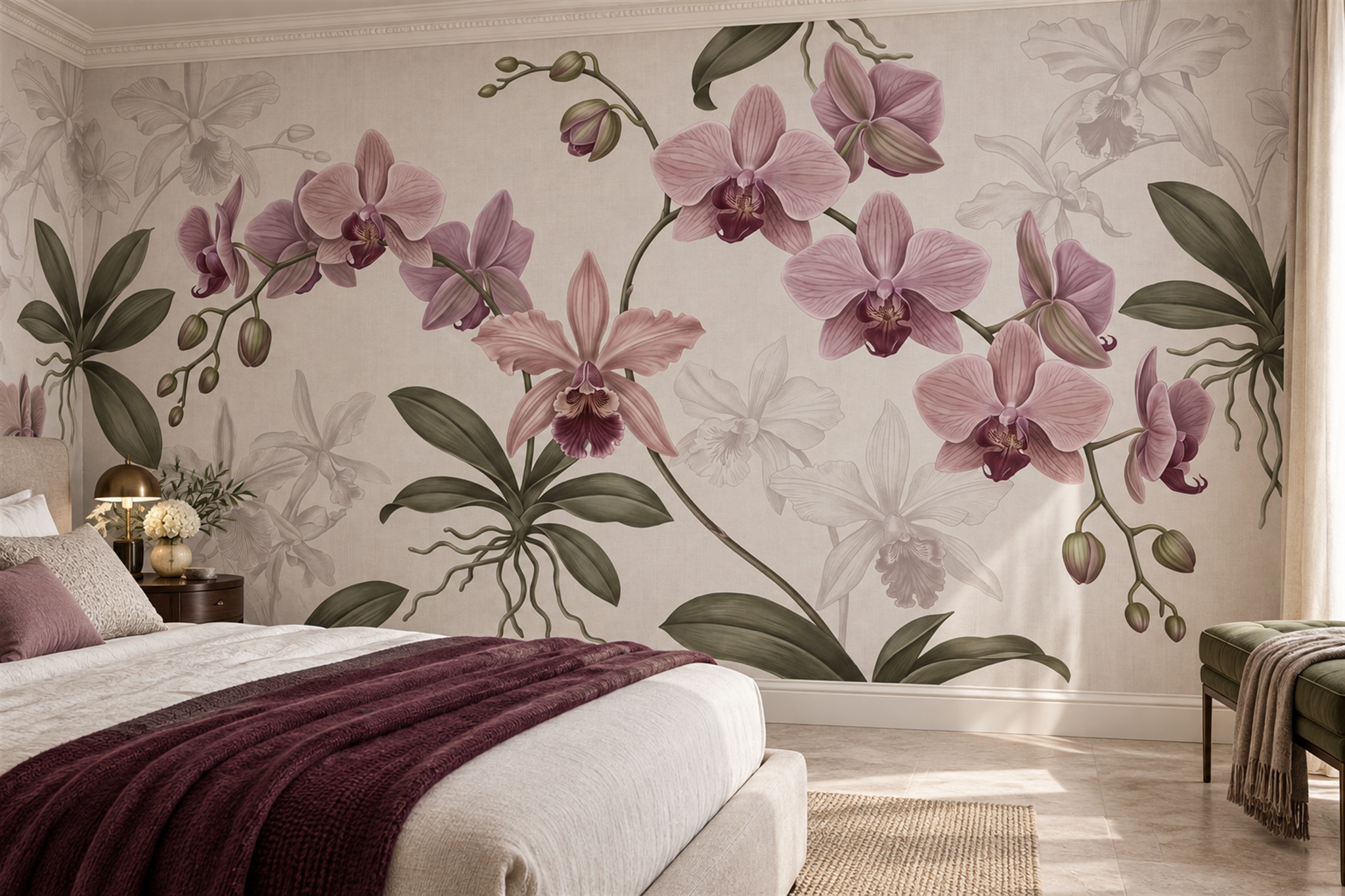 Pink Orchids On A Deep Mauve Botanical Wallpaper Mural — Installed Wallpaper Mural In A Bedroom, Peel-and-stick Finish