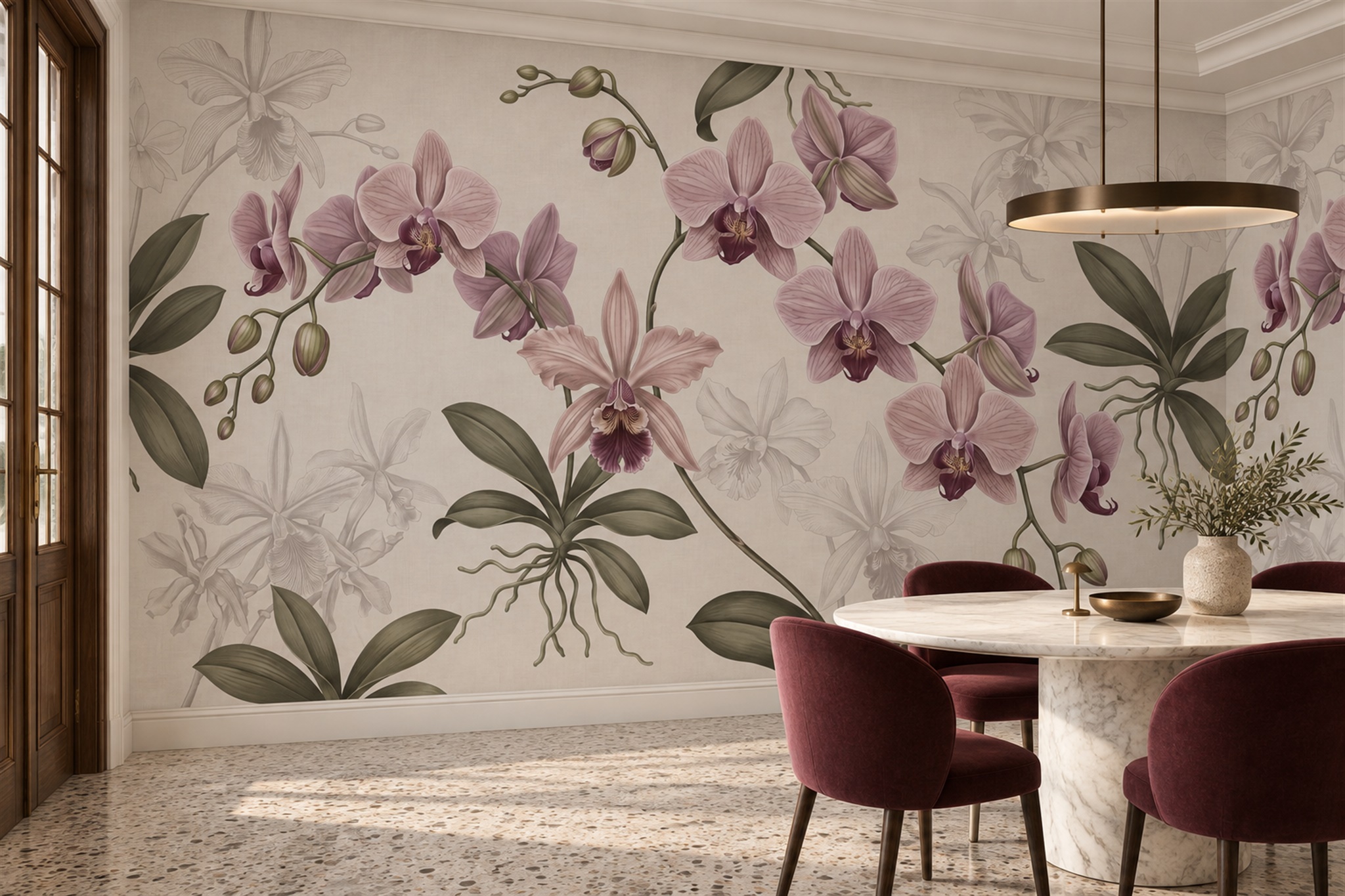 Pink Pattern Decorative Wallpaper Mural Layered Organic Wallpaper Mural Dining-room-wallpaper-murals, Shown In A Dining Room, Peel-and-stick Finish