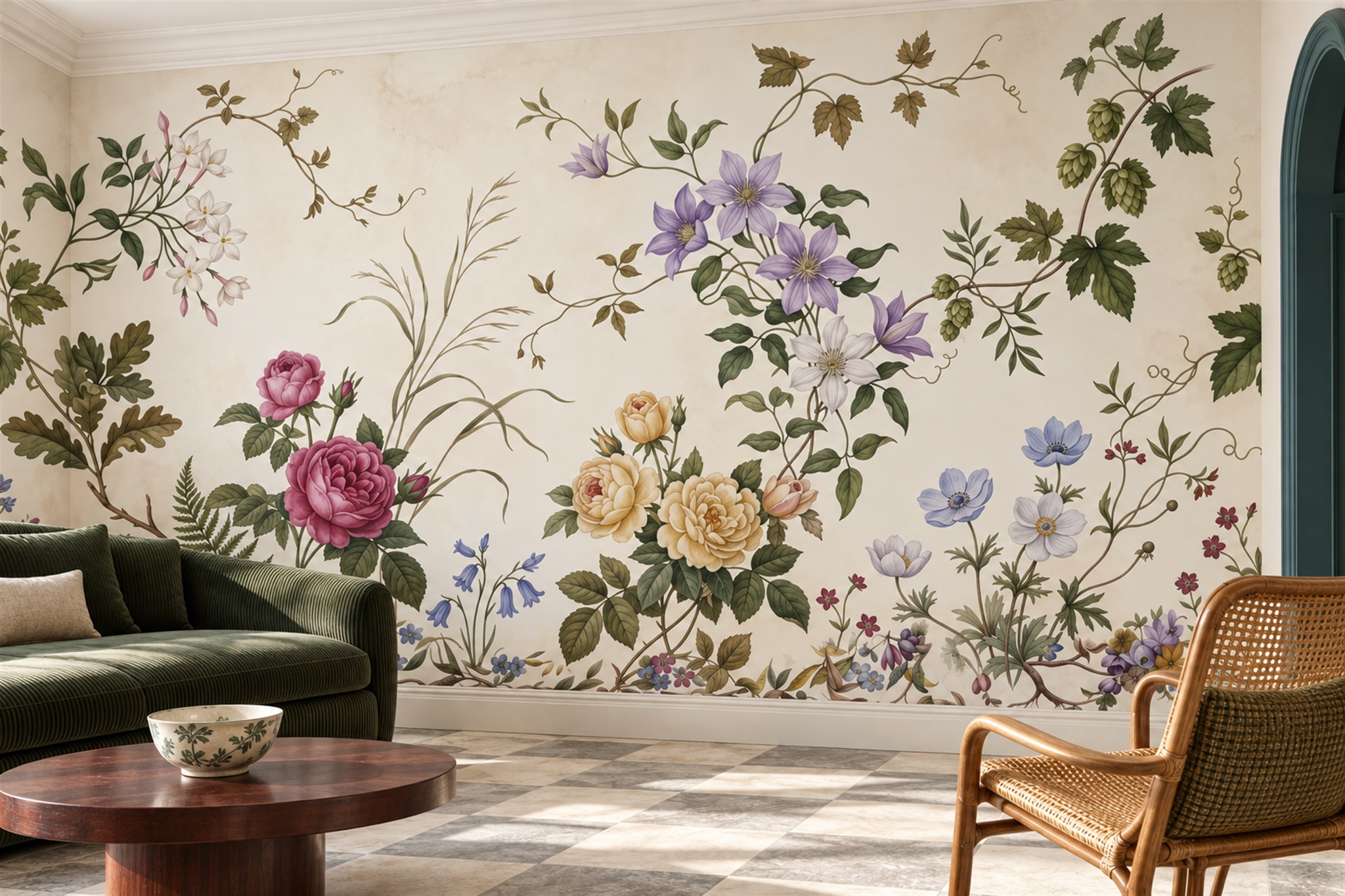 Ivory Floral Botanical Wallpaper Mural Home-office-wallpaper-murals, Shown In A Home Office, Peel-and-stick Finish