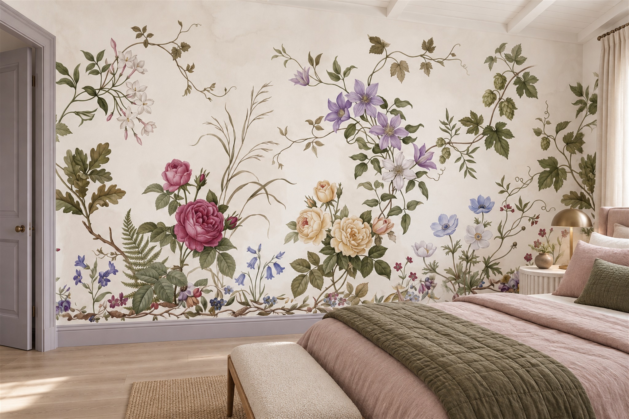Ivory Floral Botanical Wallpaper Mural Bedroom-wallpaper-murals, Peel-and-stick Finish