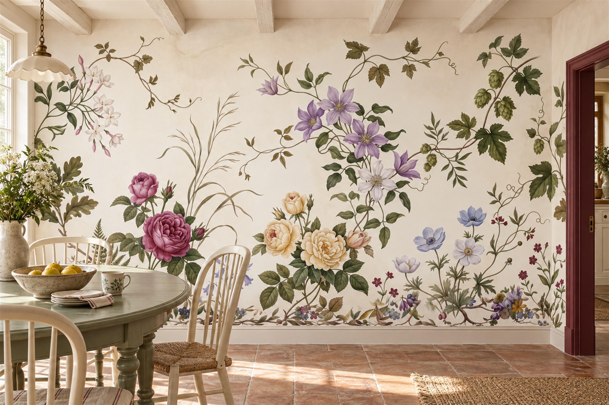 Ivory Garden Flowers And Trailing Foliage Wallpaper Mural — Wallpaper Mural Design, Peel-and-stick Finish