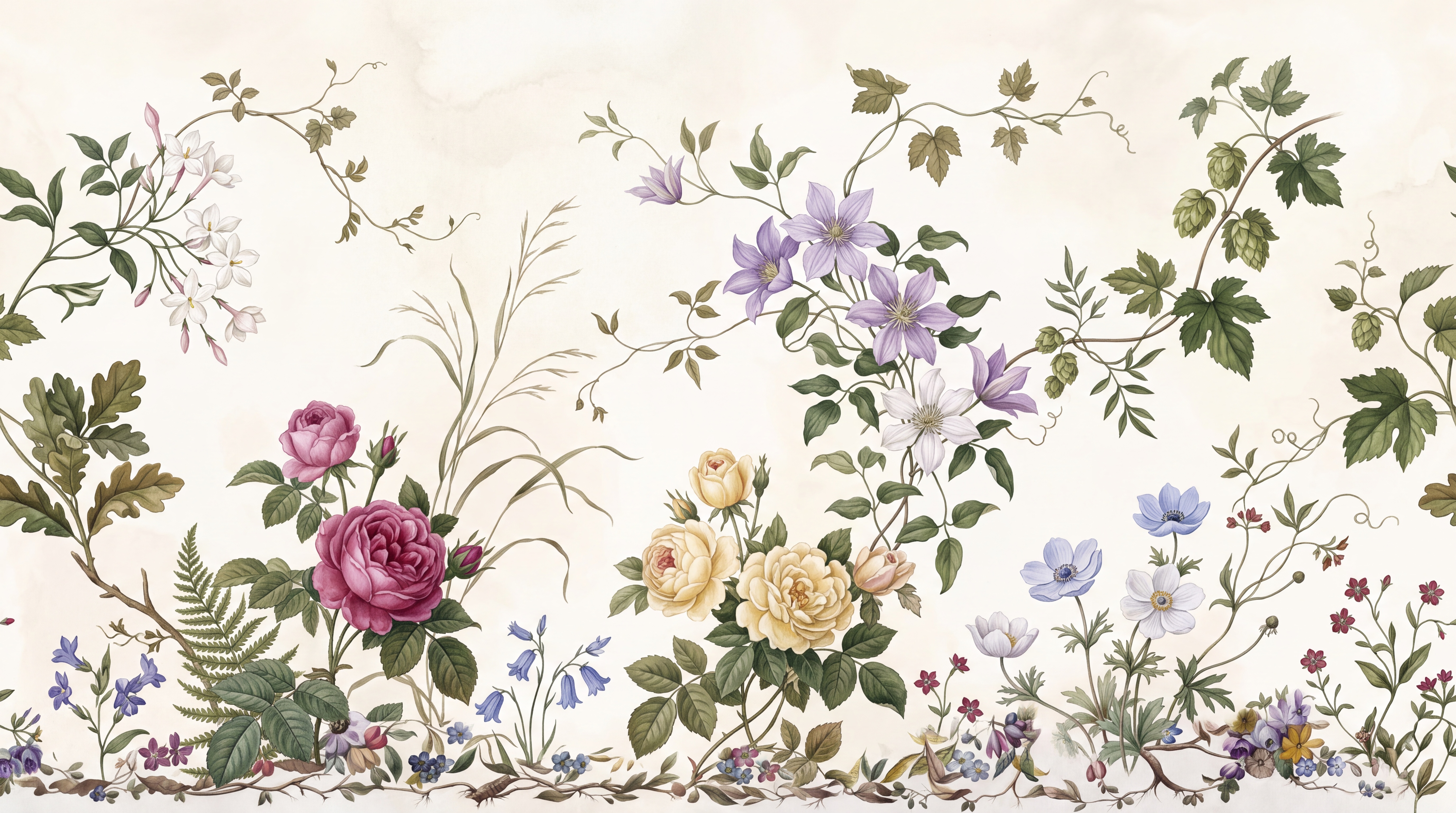 Ivory Floral Botanical Wallpaper Mural Dining-room-wallpaper-murals, Peel-and-stick Finish