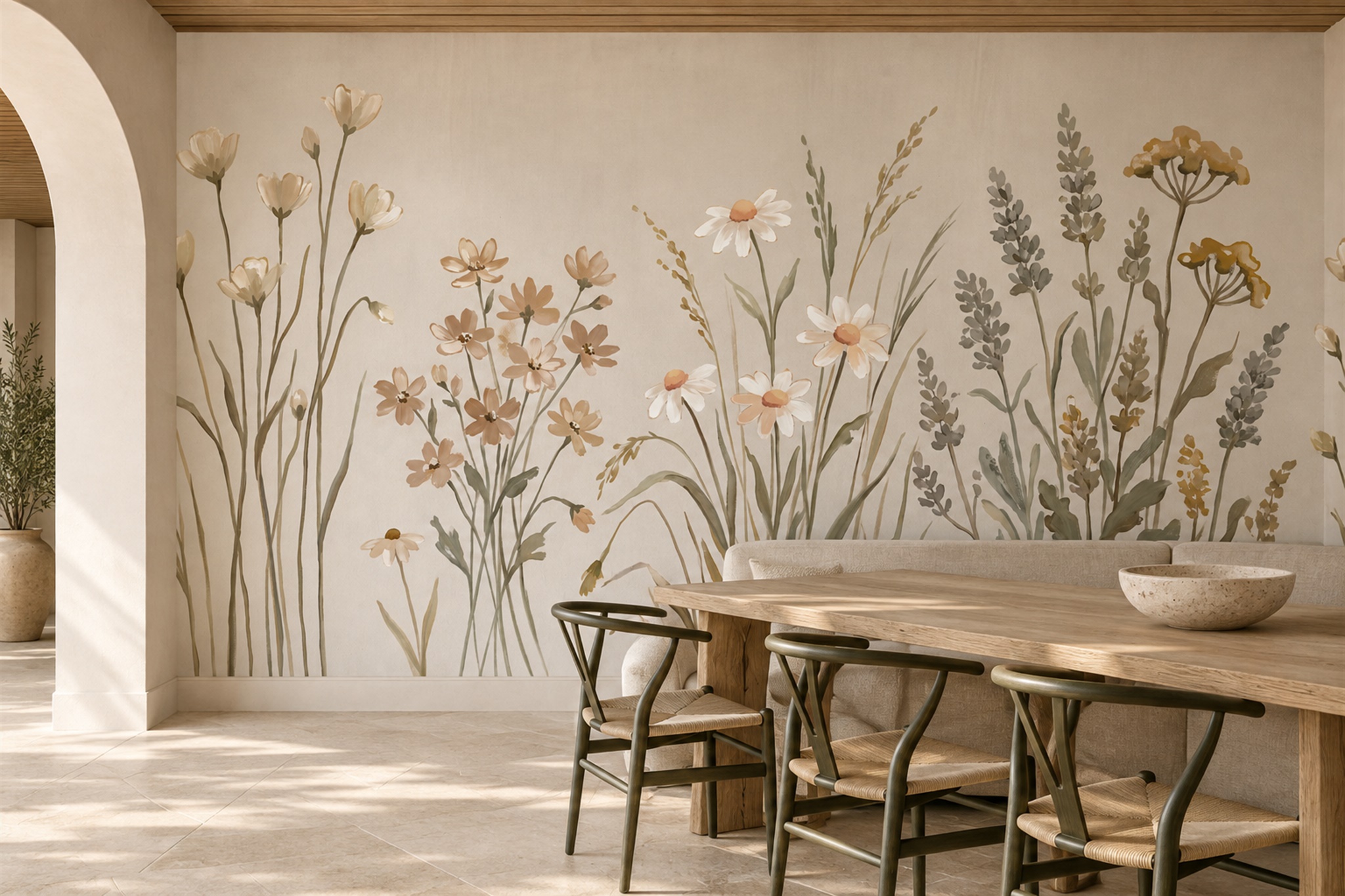 Beige Meadow Scenic Decorative Wallpaper Mural Dining-room-wallpaper-murals, Shown In A Dining Room, Peel-and-stick Finish