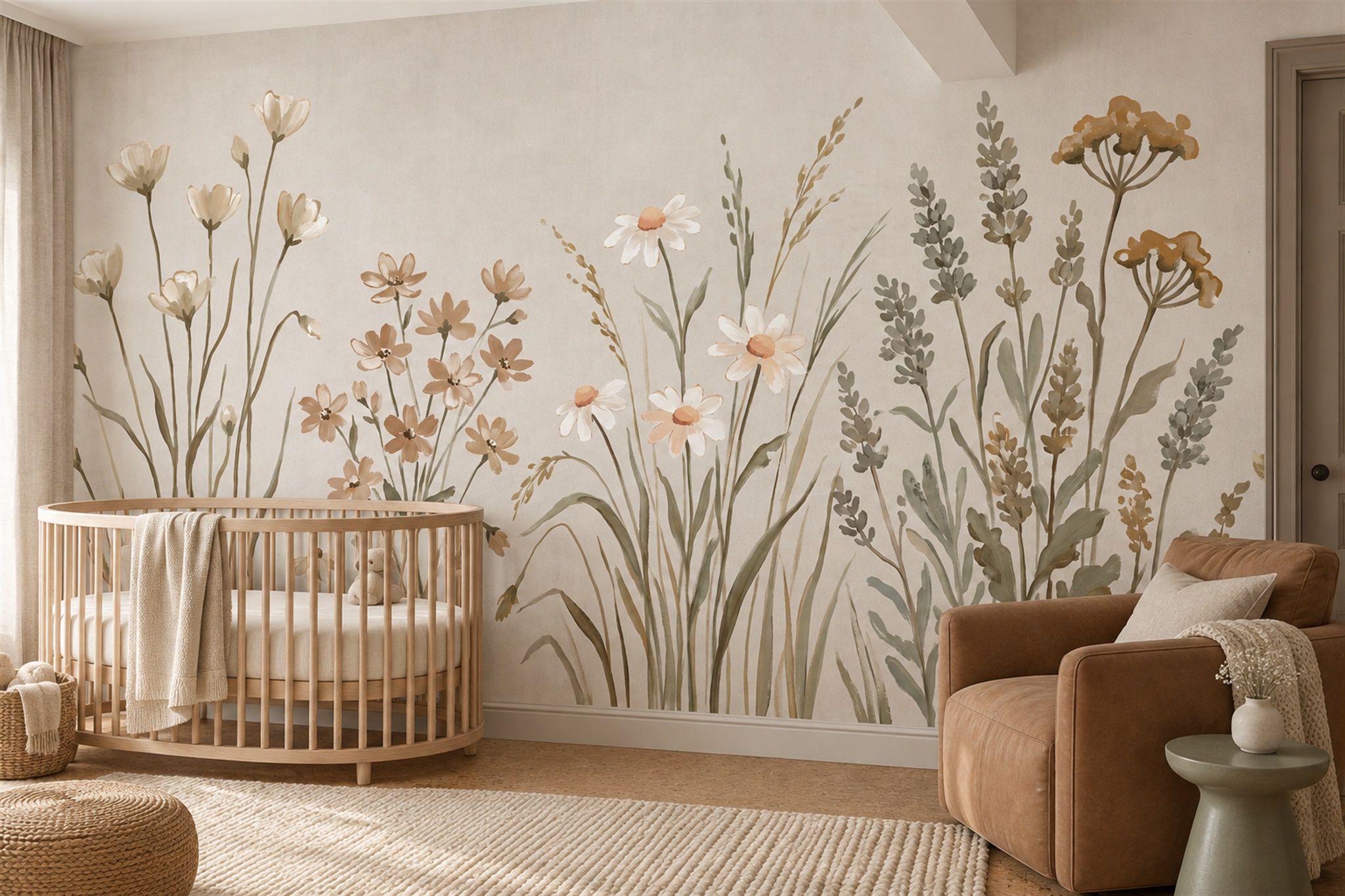 Neutral Wildflower Meadow Wallpaper Mural — Installed Wallpaper Mural In A Nursery, Peel-and-stick Finish