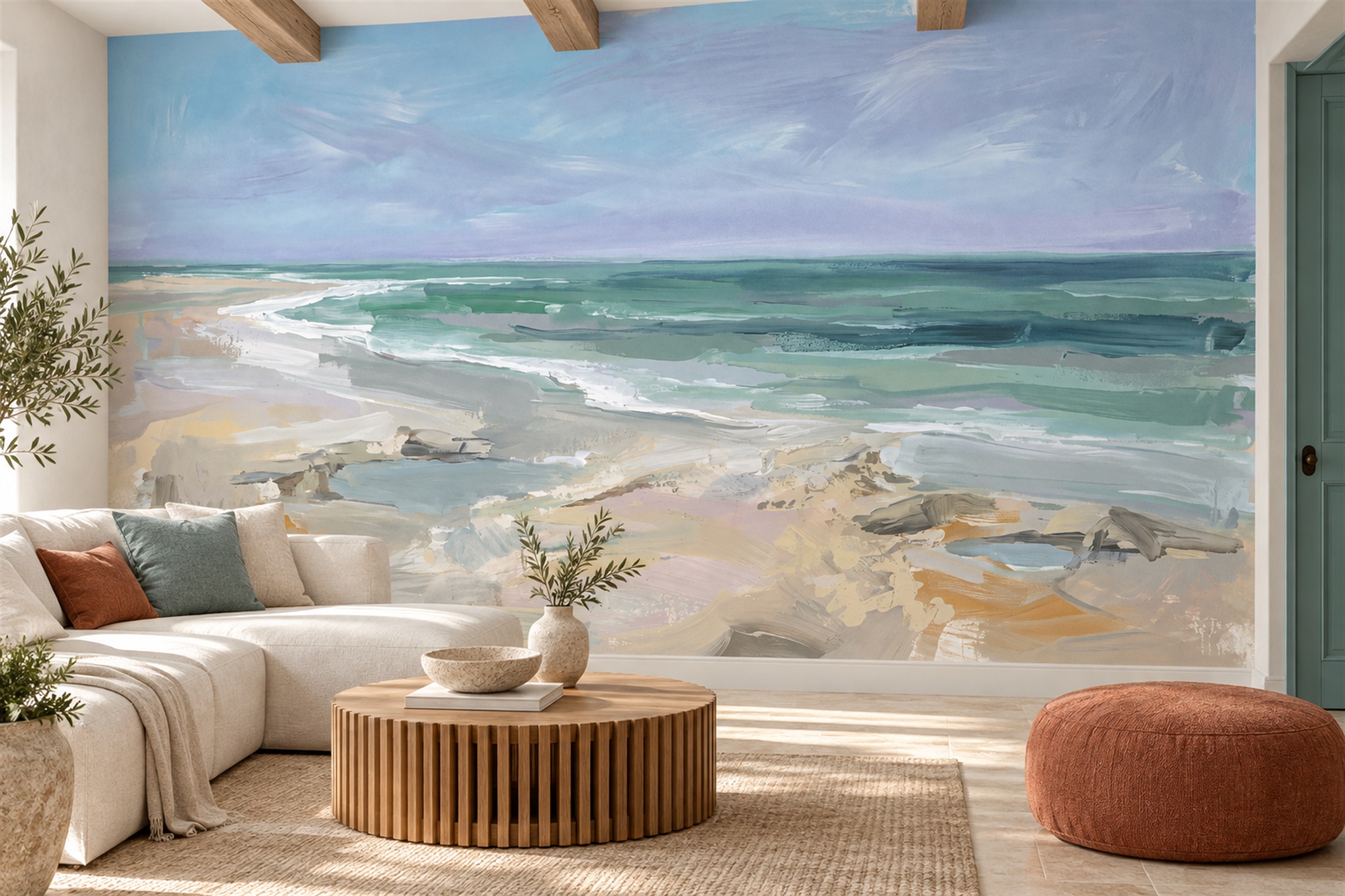 Aqua Beach Scenic Decorative Wallpaper Mural Living-room-wallpaper-murals, Peel-and-stick Finish