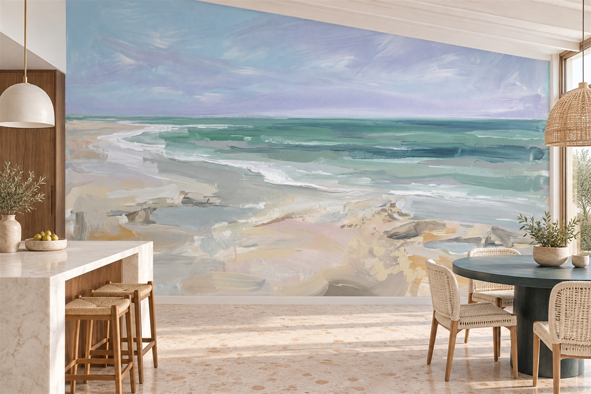 Aqua Beach Scenic Decorative Wallpaper Mural Living-room-wallpaper-murals, Peel-and-stick Finish