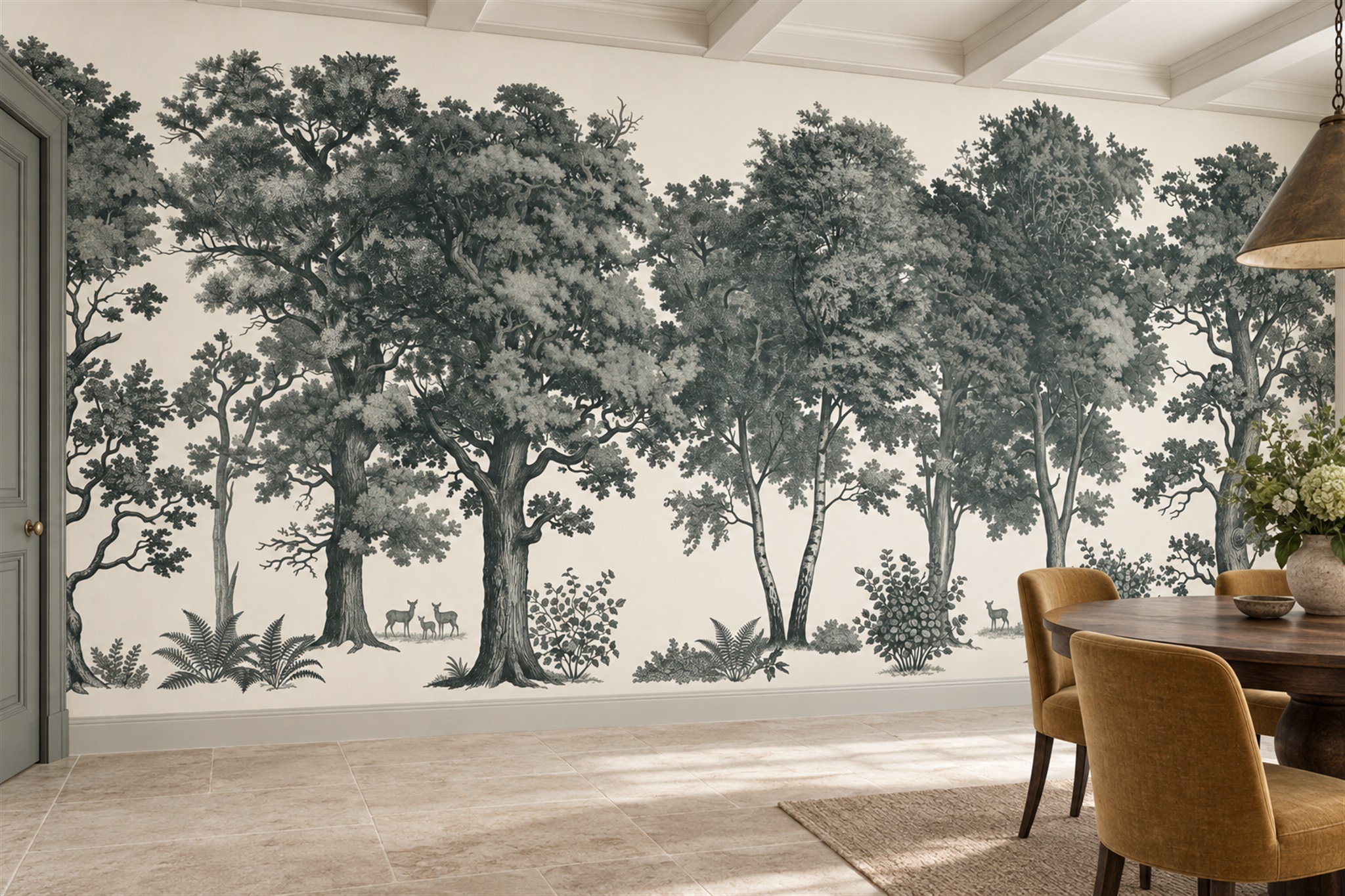 Deer Beneath A Monochrome Woodland Canopy Wallpaper Mural — Wallpaper Mural Design, Peel-and-stick Finish