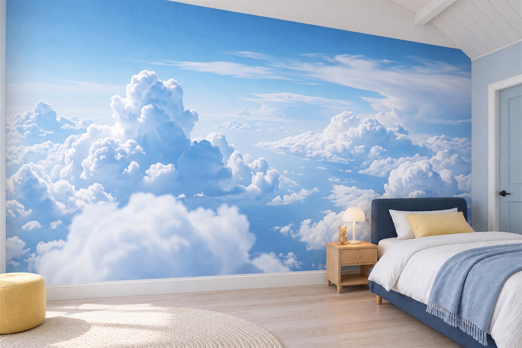 Blue Clouds Artful Wallpaper Mural Layered Decorative Wallpaper Mural, Peel-and-stick Finish