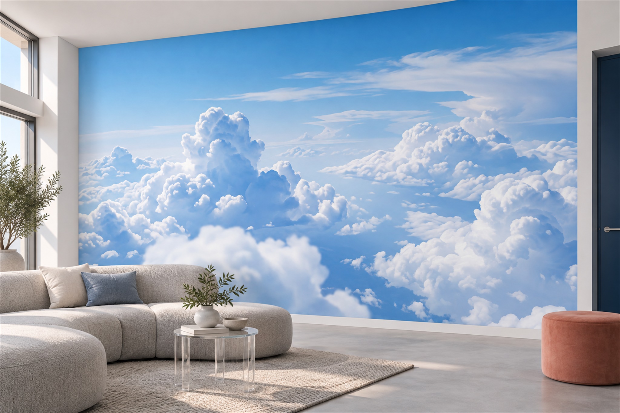 Blue Clouds Artful Wallpaper Mural Layered Decorative Wallpaper Mural Living-room-wallpaper-murals, Shown In A Living Room, Peel-and-stick Finish
