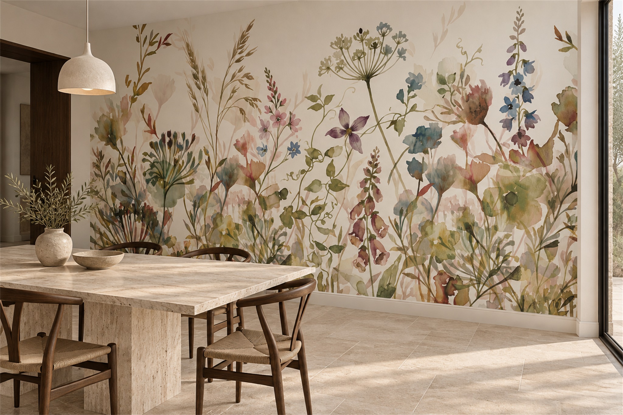 Pink Botanical Botanical Layered Wallpaper Mural Dining-room-wallpaper-murals, Shown In A Dining Room, Peel-and-stick Finish