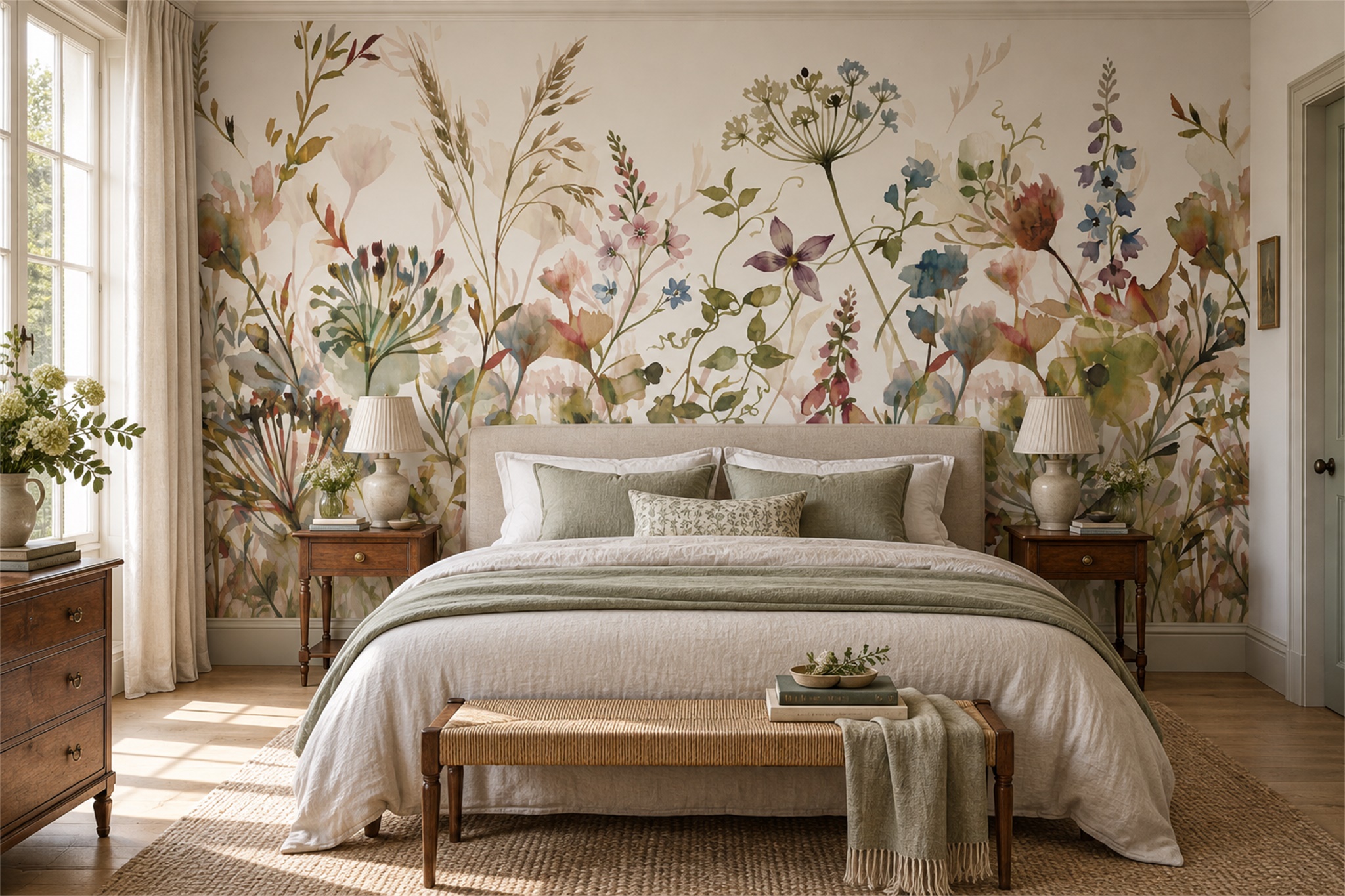 Watercolour Wildflower Meadow Wallpaper Mural — Installed Wallpaper Mural In A Bedroom, Peel-and-stick Finish