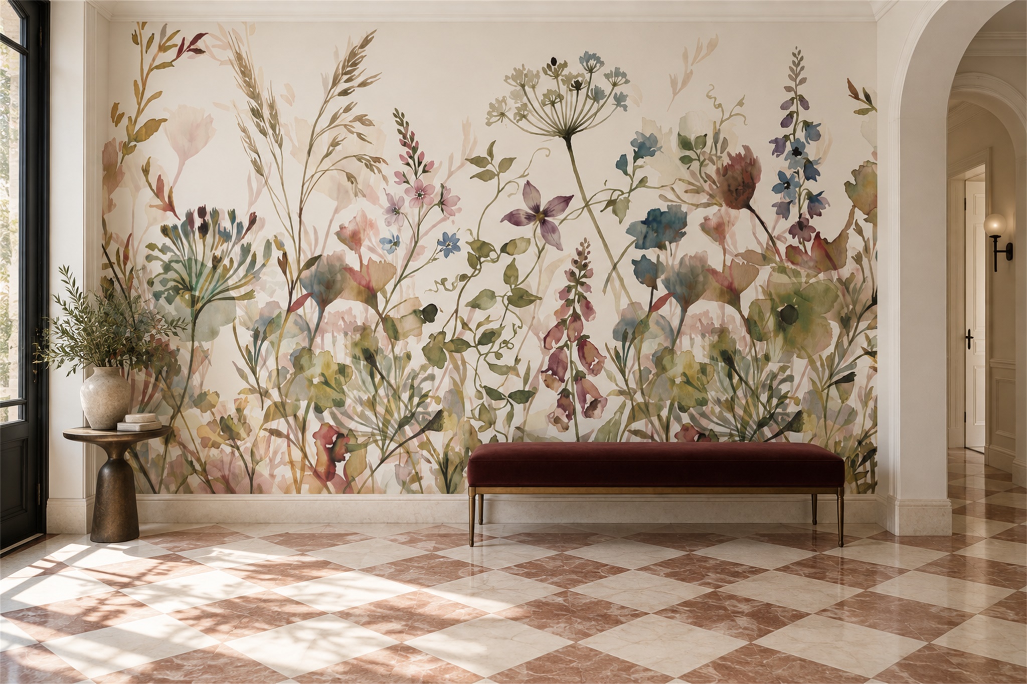 Pink Botanical Botanical Layered Wallpaper Mural Entryway-wallpaper-murals, Peel-and-stick Finish