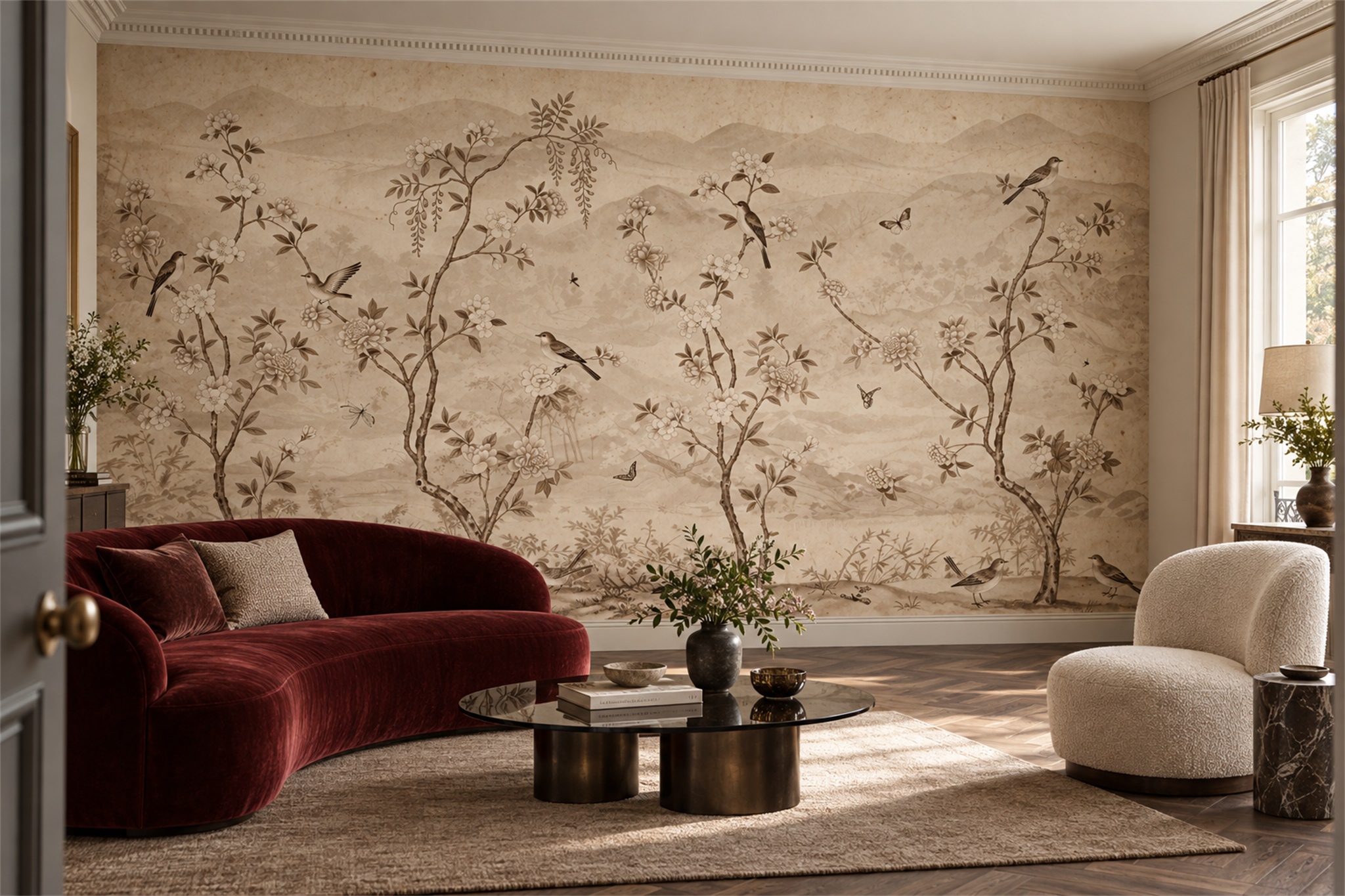 Sepia Botanical Botanical Wallpaper Mural Living-room-wallpaper-murals, Shown In A Living Room, Peel-and-stick Finish