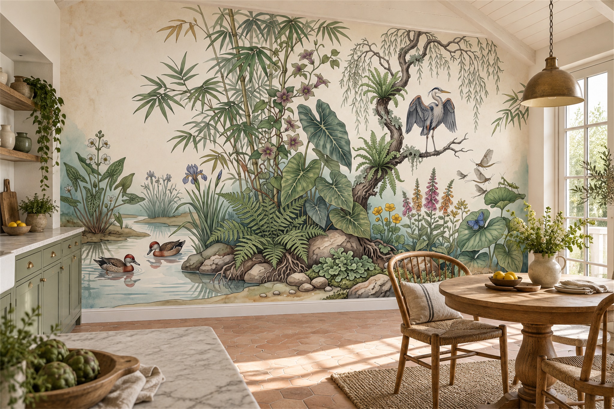 Heron And Ducks By A Lush Pond Wallpaper Mural — Wallpaper Mural Design, Peel-and-stick Finish