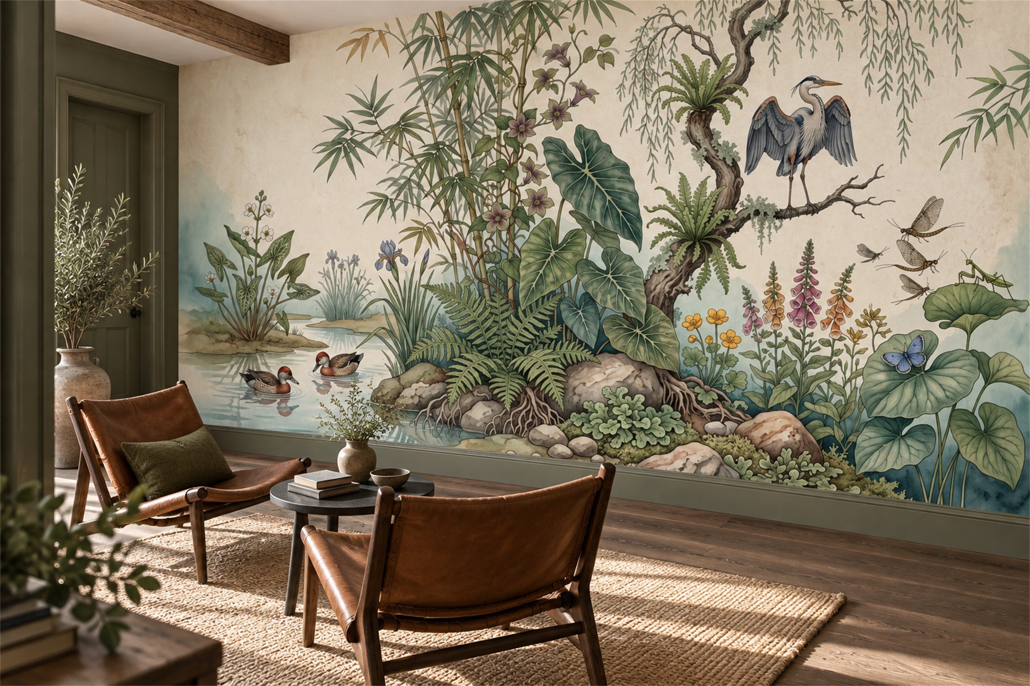 Sage Pattern Decorative Wallpaper Mural Layered Atmospheric Wallpaper Accent-wall-wallpaper-murals, Peel-and-stick Finish