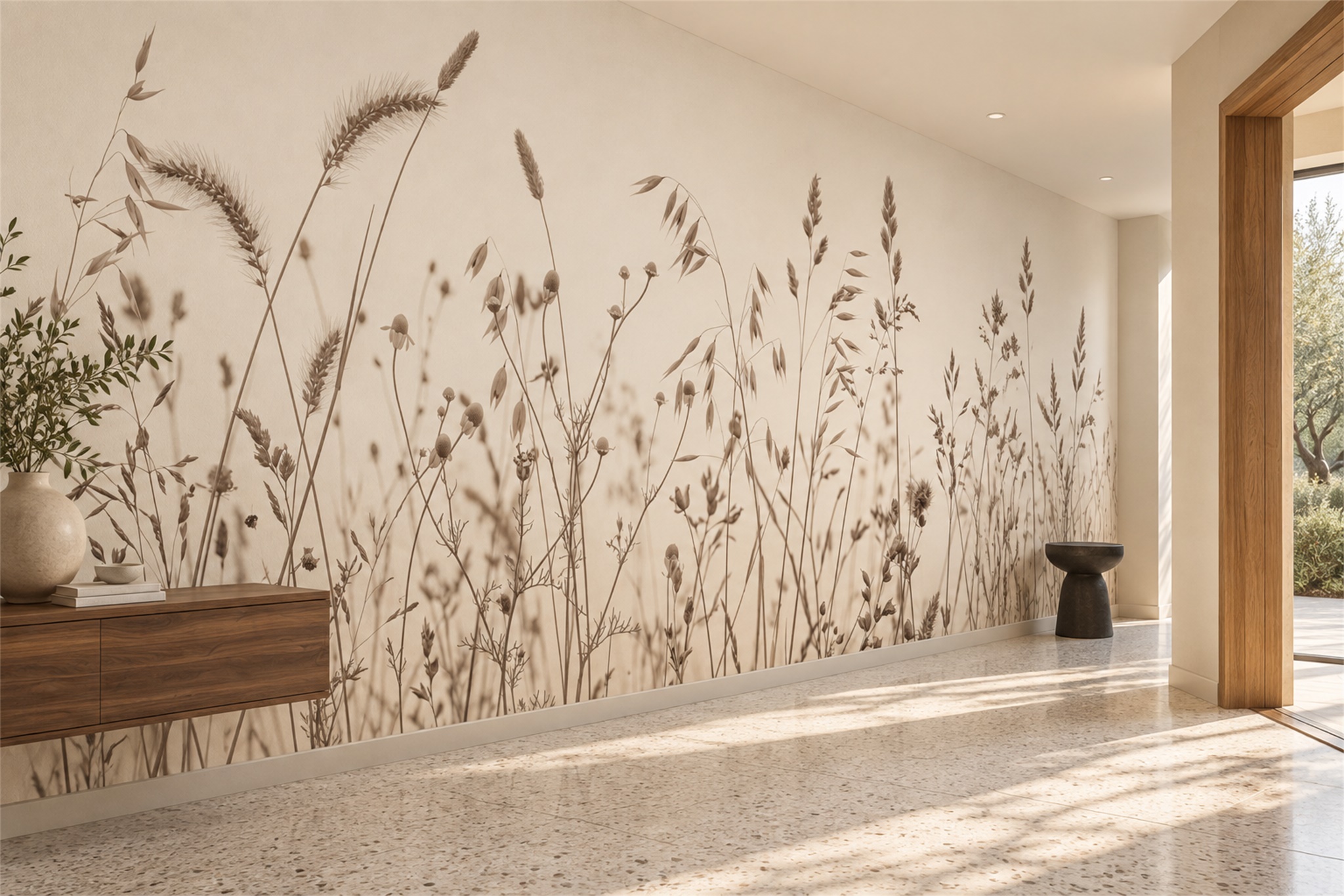 Beige Grasses Artful Wallpaper Mural Entryway-wallpaper-murals, Peel-and-stick Finish