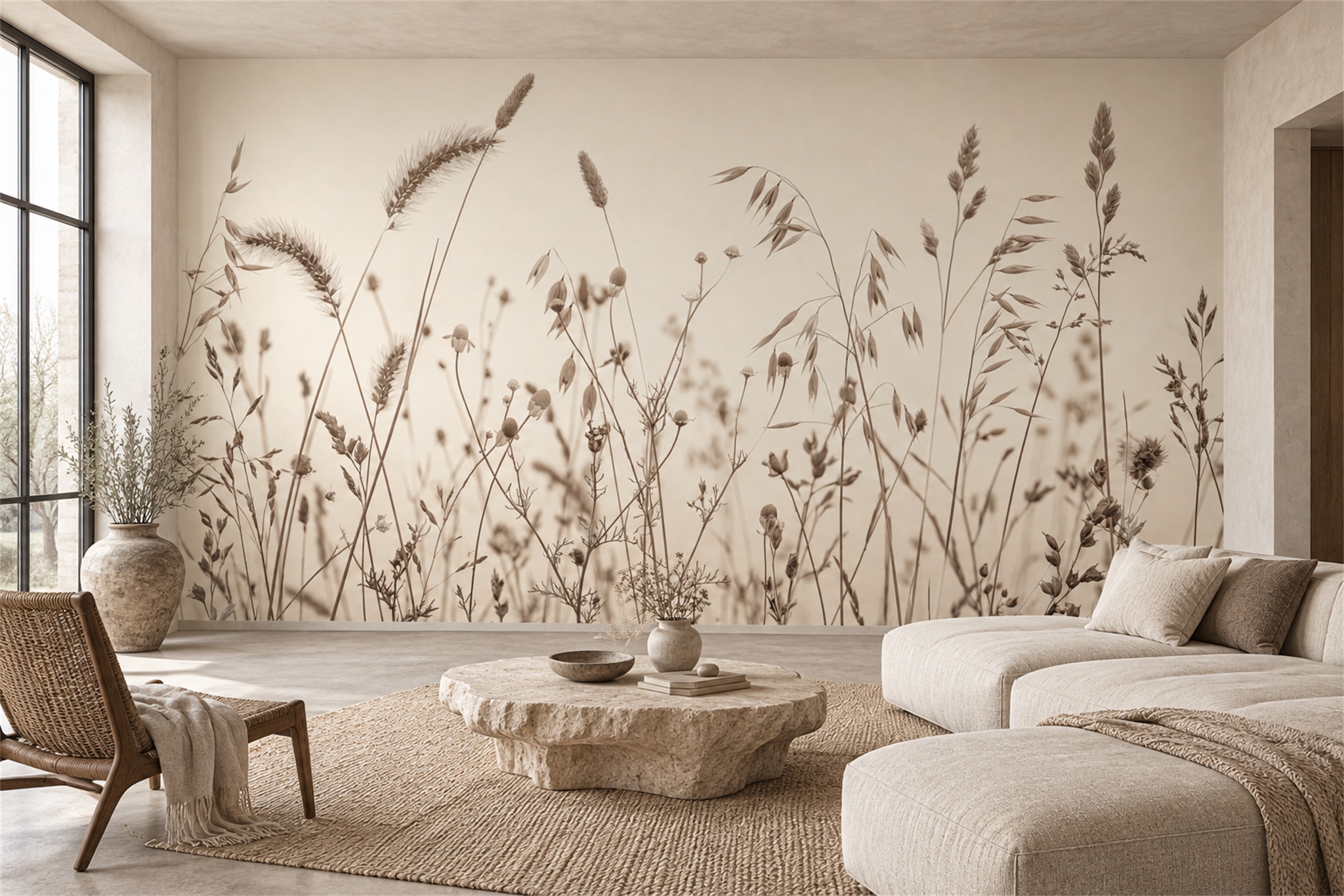 Soft Focus Beige Meadow Grass Wallpaper Mural — Wallpaper Mural Design, Peel-and-stick Finish