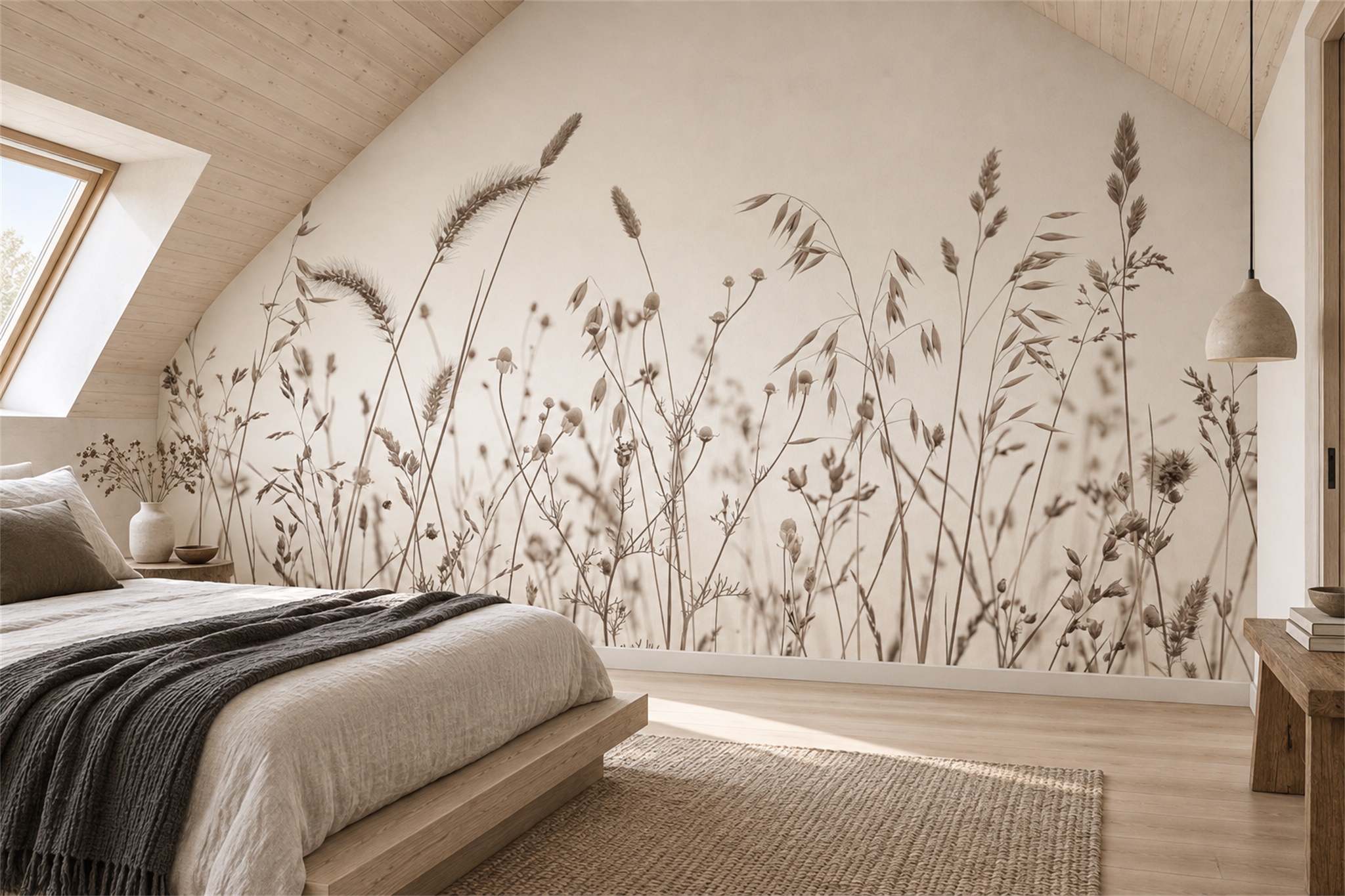 Beige Grasses Artful Wallpaper Mural Bedroom-wallpaper-murals, Peel-and-stick Finish