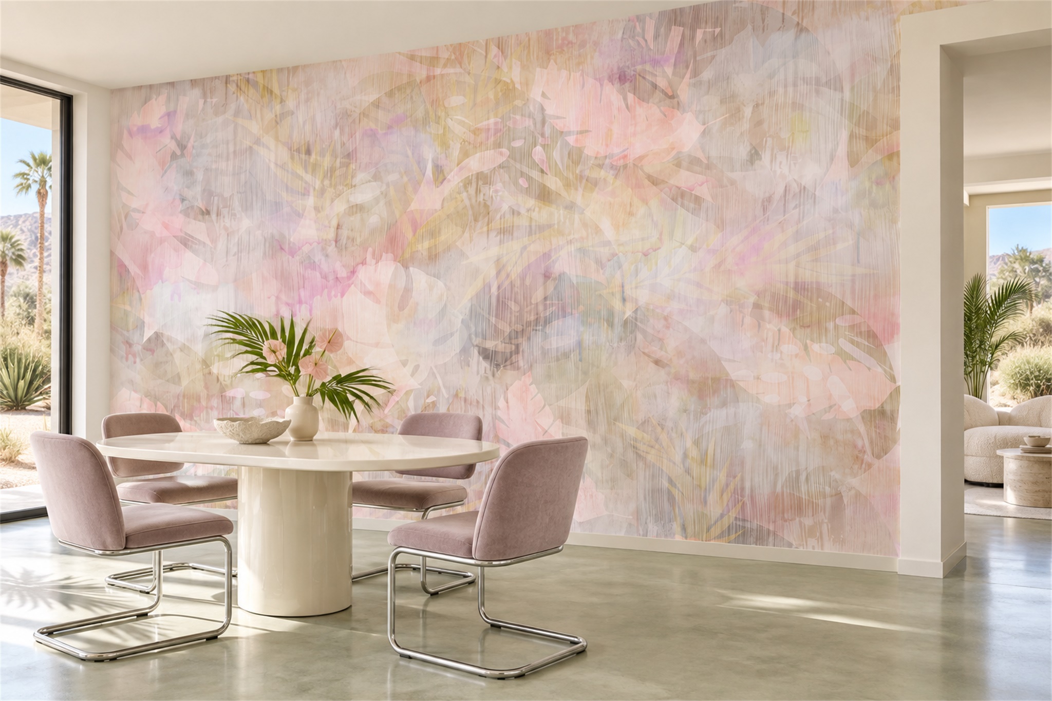 Blush Washed Artful Abstract Wallpaper Mural Dining-room-wallpaper-murals, Shown In A Dining Room, Peel-and-stick Finish