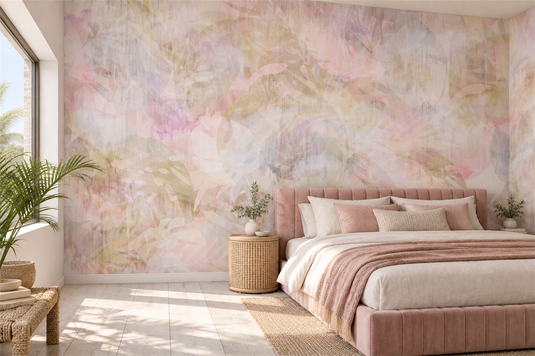 Blush And Pastel Watercolour Wash Wallpaper Mural — Installed Wallpaper Mural In A Bedroom, Peel-and-stick Finish