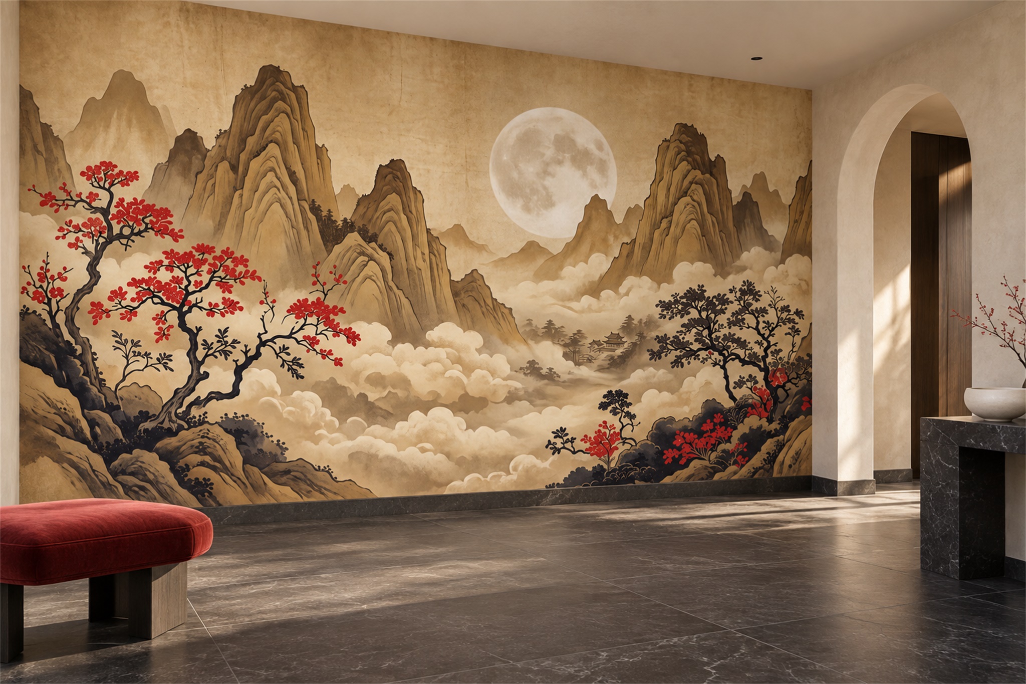 Gold Mountain Scenic Decorative Wallpaper Mural Entryway-wallpaper-murals, Peel-and-stick Finish