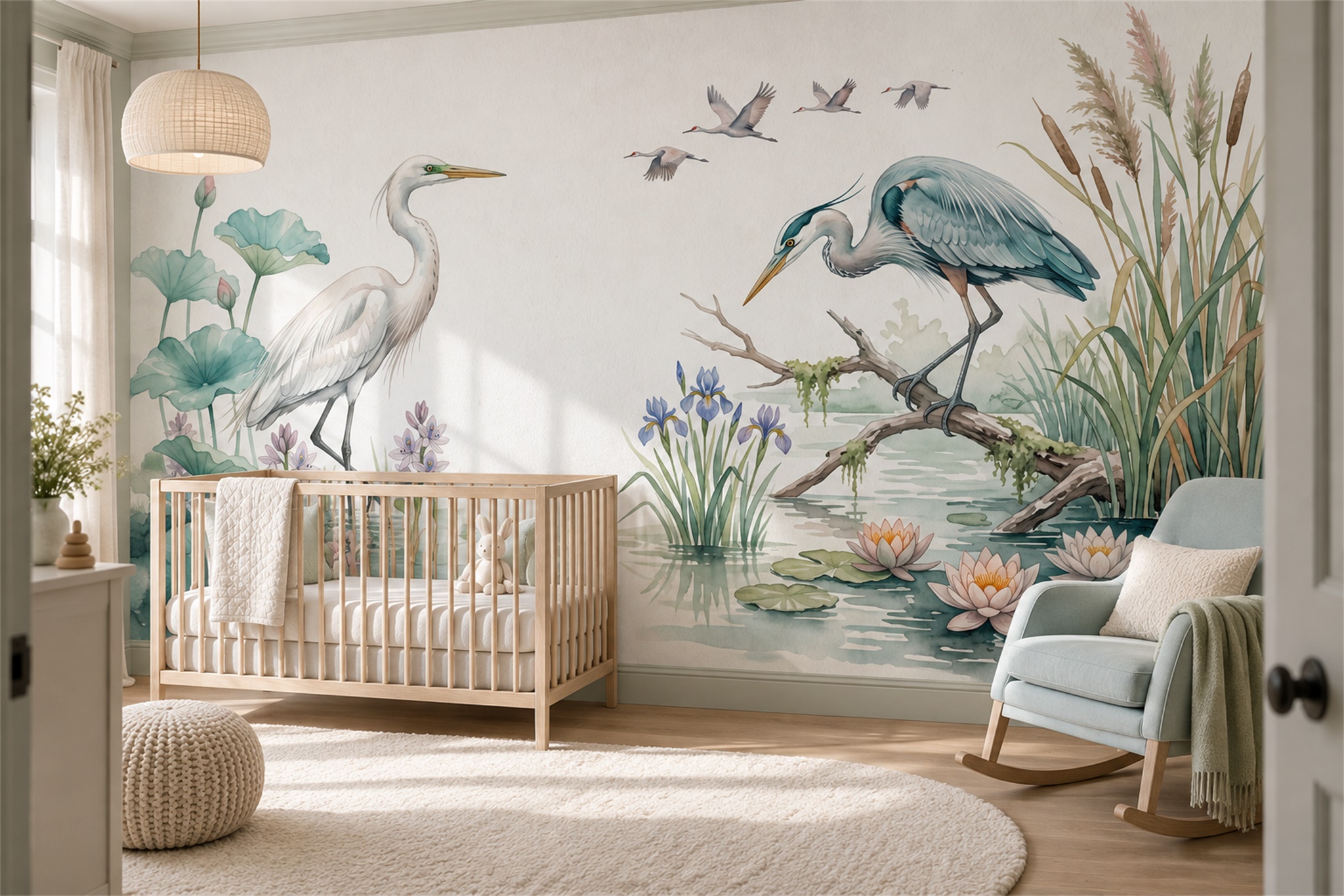 Aqua Heron Illustrated Abstract Wallpaper Mural Nursery-wallpaper-murals, Peel-and-stick Finish
