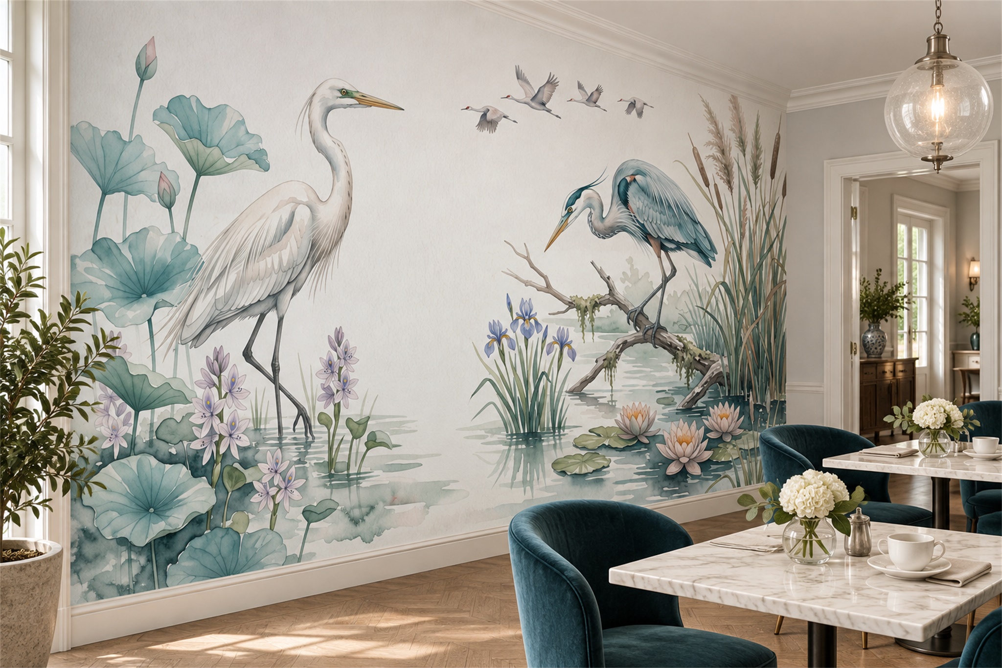 Aqua Heron Illustrated Abstract Wallpaper Mural Living-room-wallpaper-murals, Peel-and-stick Finish