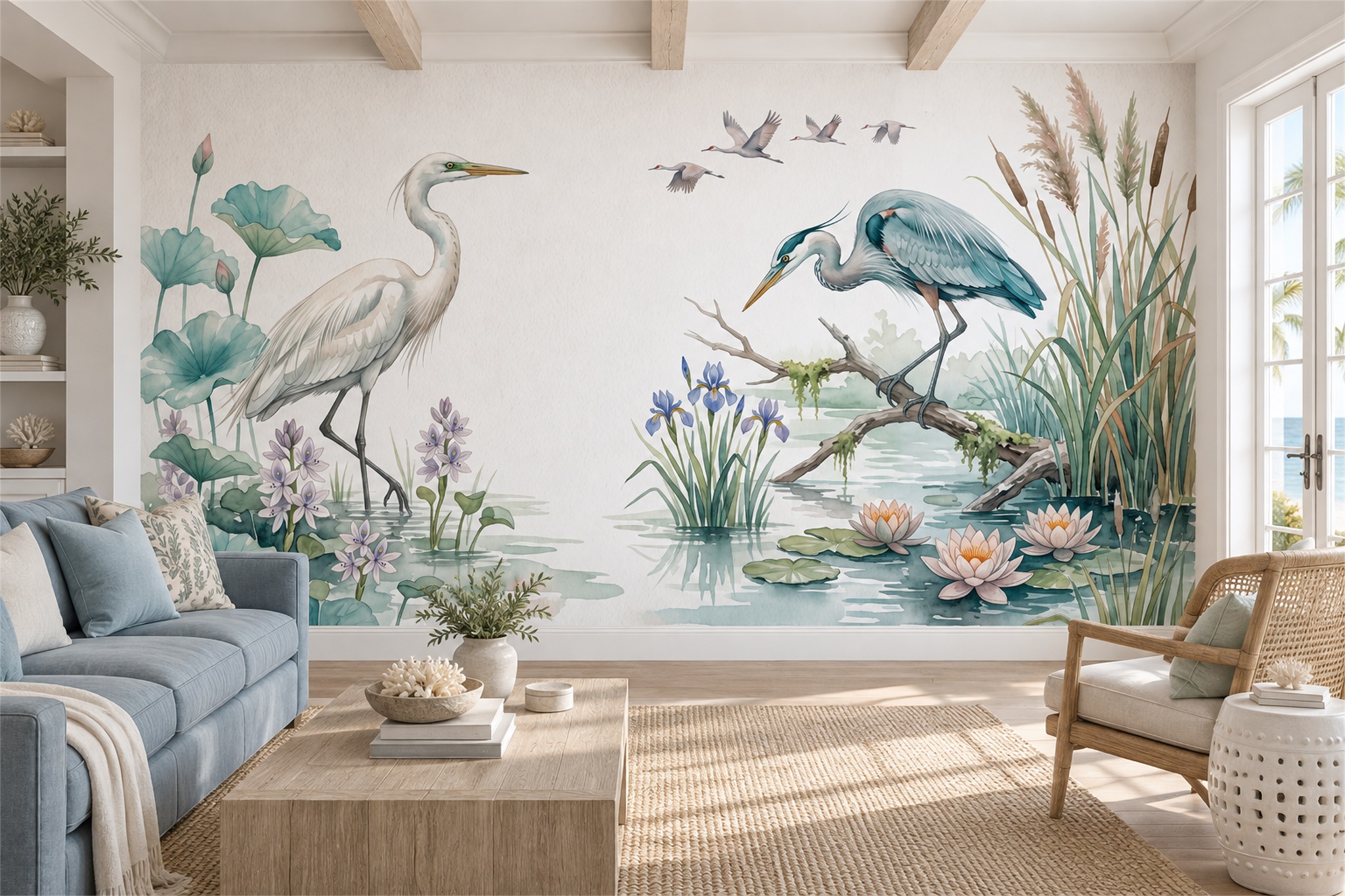 White And Blue Herons In A Lotus Marsh Wallpaper Mural — Wallpaper Mural Design, Peel-and-stick Finish