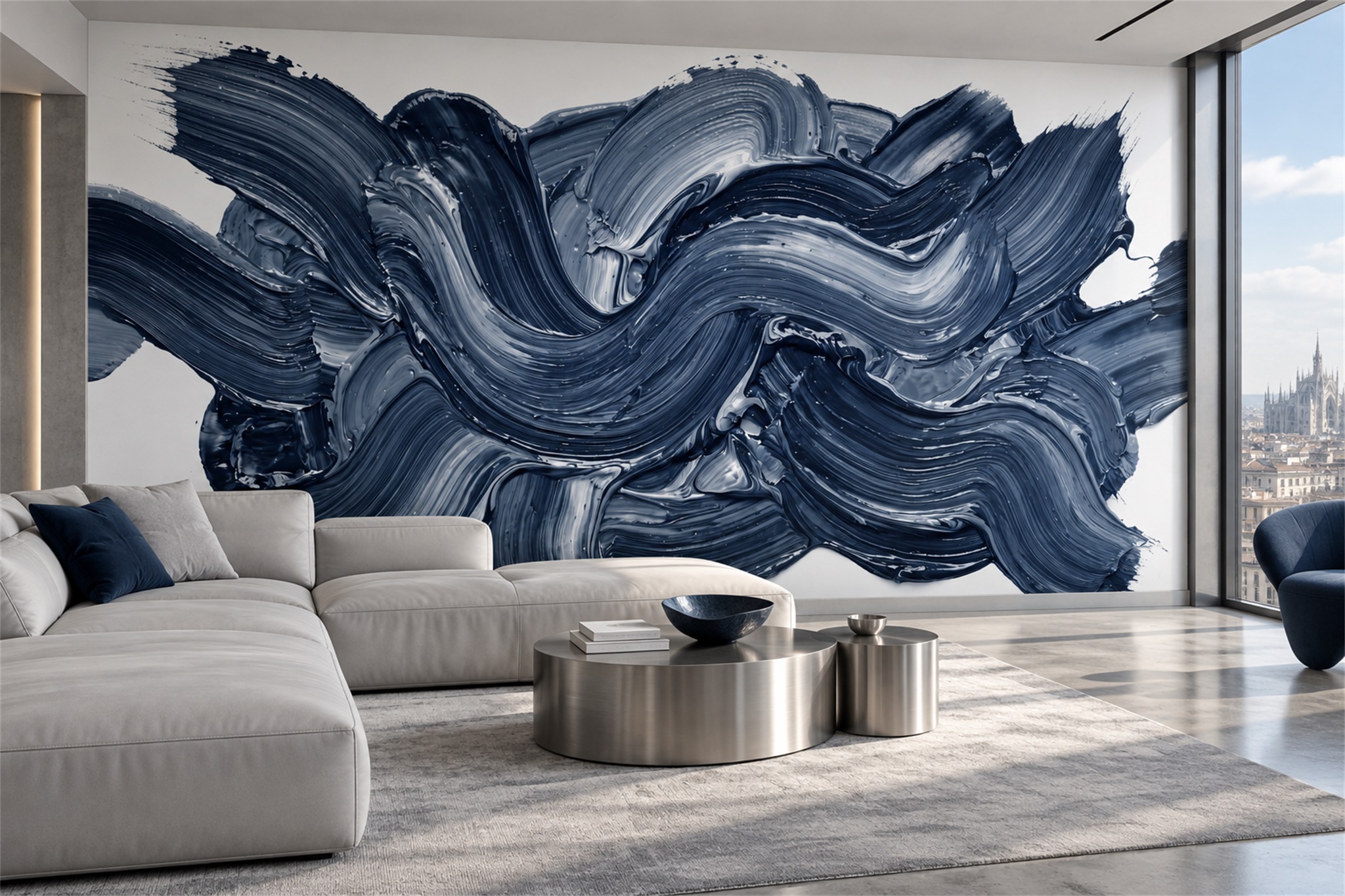 Navy Brushstroke Artful Wallpaper Mural Living-room-wallpaper-murals, Shown In A Living Room, Peel-and-stick Finish