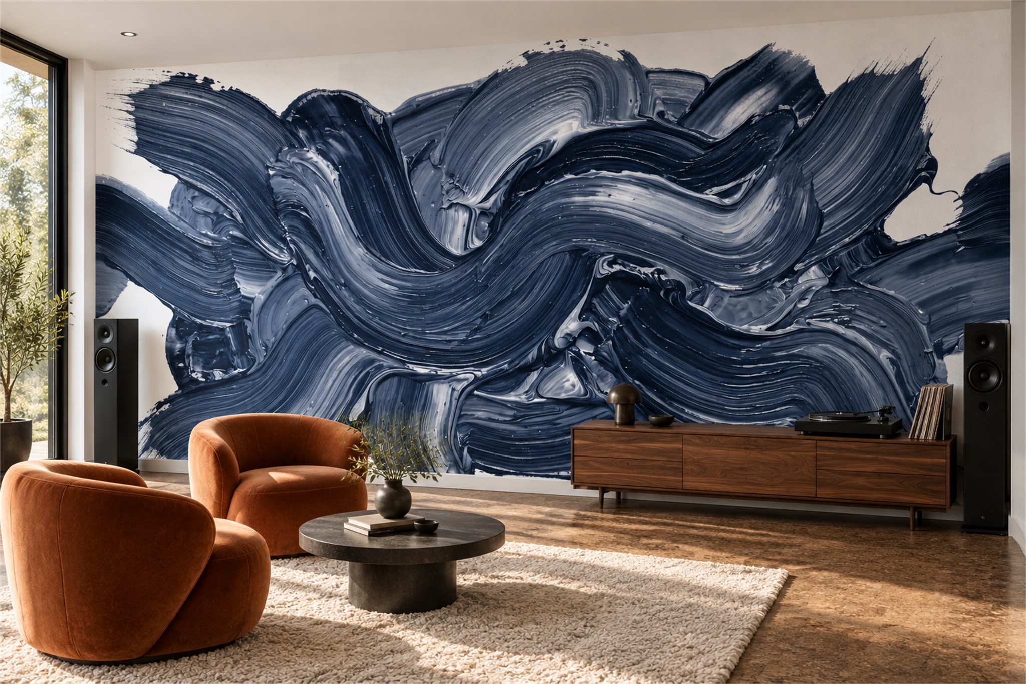 Navy And White Flowing Brushstroke Wallpaper Mural — Wallpaper Mural Design, Peel-and-stick Finish